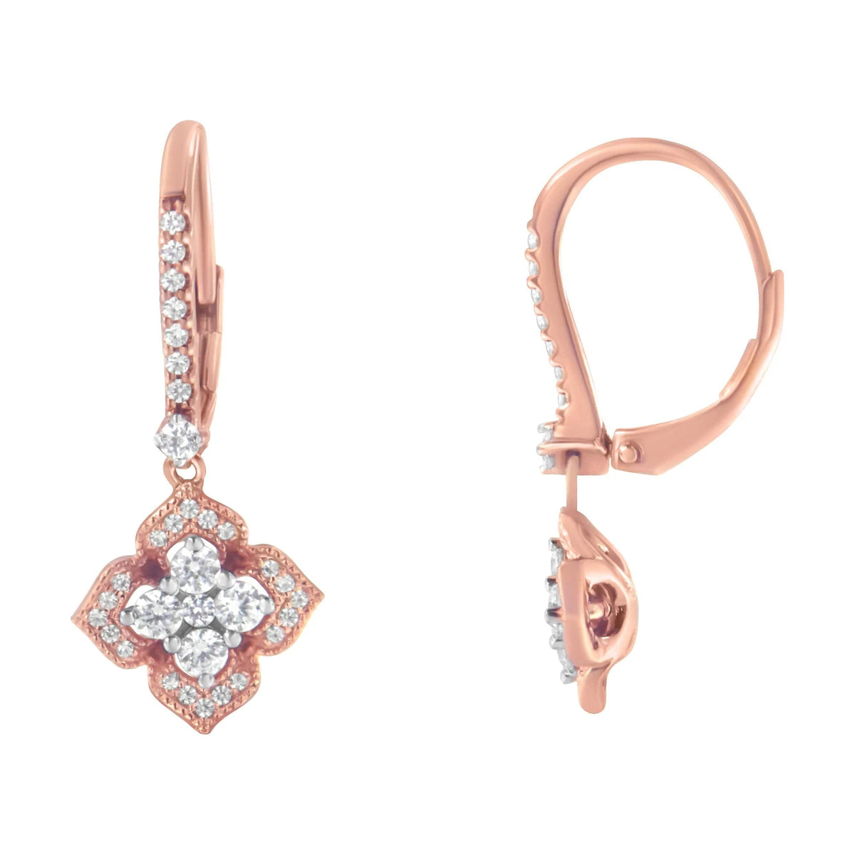 10K Rose Gold 3/4 Cttw Diamond Flower Drop Dangle Earring (I - J Color, I1 - I2 Clarity) - LinkagejewelrydesignLinkagejewelrydesign