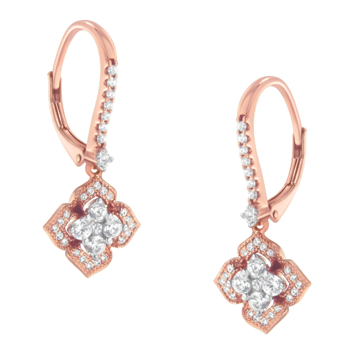 10K Rose Gold 3/4 Cttw Diamond Flower Drop Dangle Earring (I - J Color, I1 - I2 Clarity) - LinkagejewelrydesignLinkagejewelrydesign