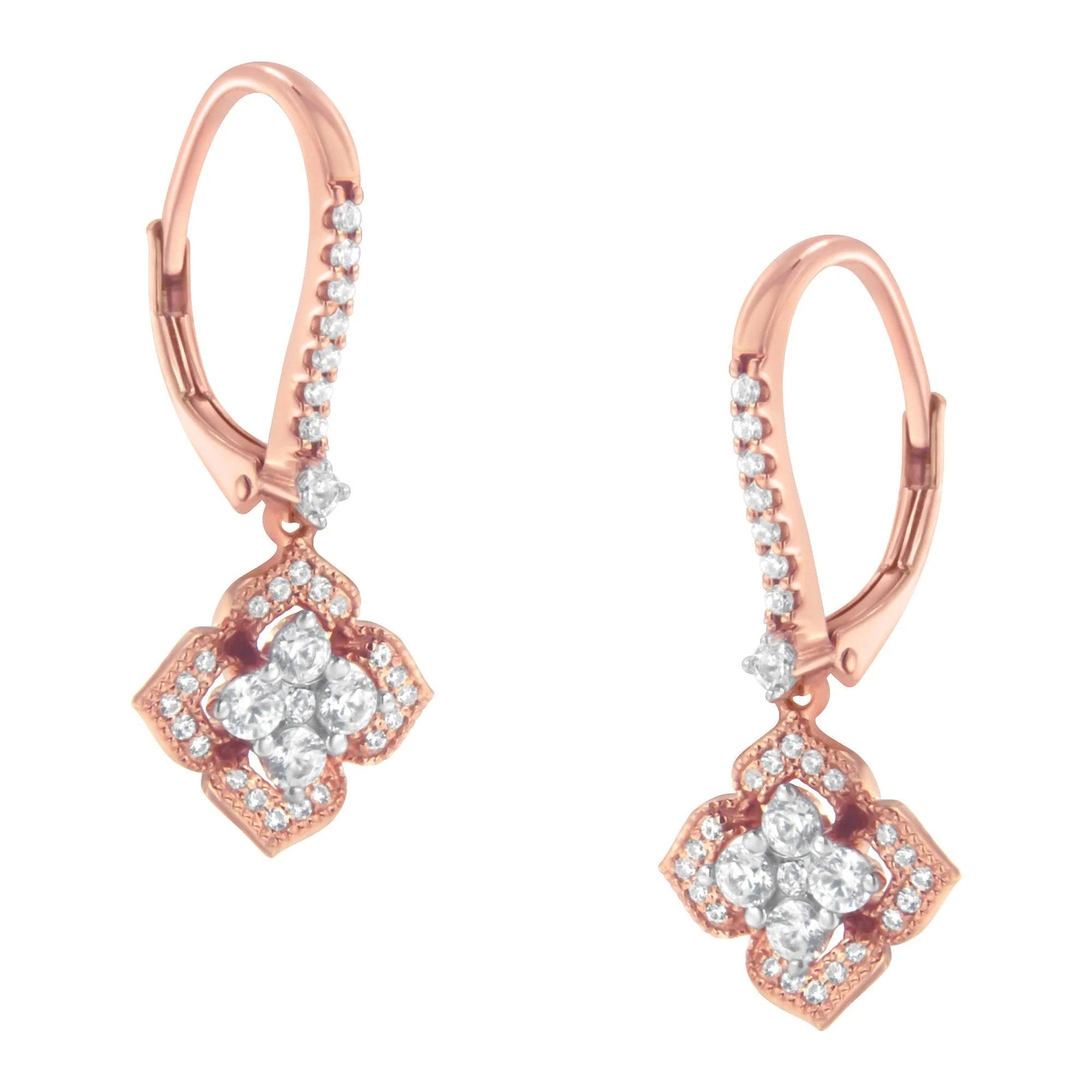 10K Rose Gold 3/4 Cttw Diamond Flower Drop Dangle Earring (I - J Color, I1 - I2 Clarity) - LinkagejewelrydesignLinkagejewelrydesign