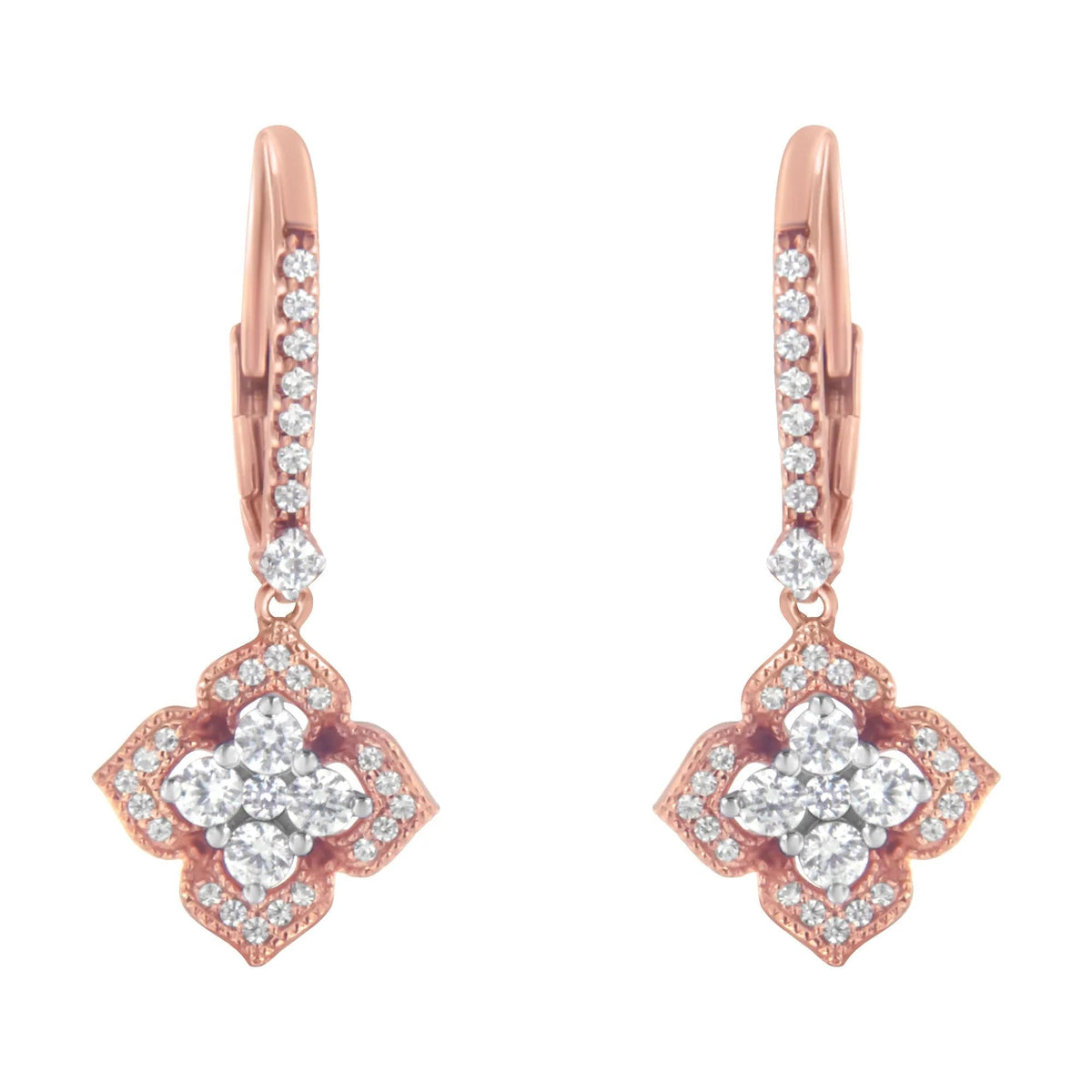 10K Rose Gold 3/4 Cttw Diamond Flower Drop Dangle Earring (I - J Color, I1 - I2 Clarity) - LinkagejewelrydesignLinkagejewelrydesign