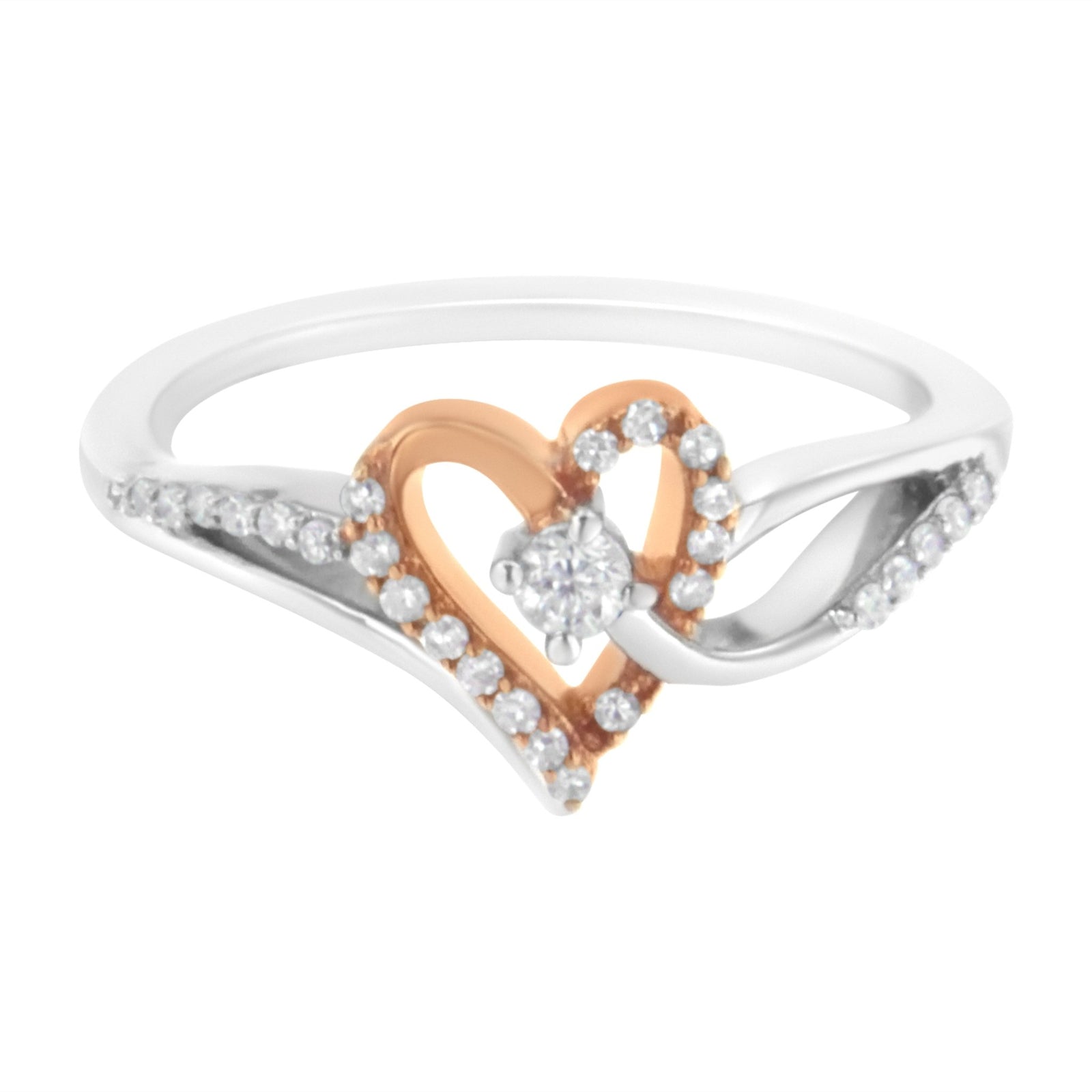 10K Rose Gold Plated .925 Sterling Silver 1/5 Cttw Diamond Two Tone Open Heart Promise or Fashion Ring (I - J Color, I2 - I3 Clarity) - LinkagejewelrydesignLinkagejewelrydesign