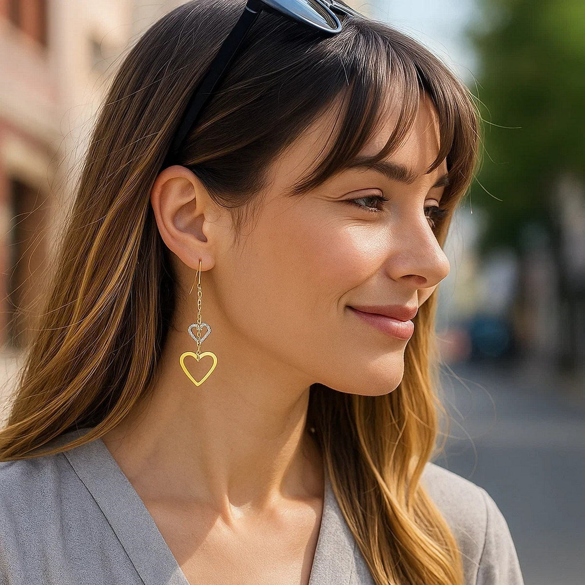 10k Two - Tone Gold Cutout Heart Chain Dangling Earrings - LinkagejewelrydesignLinkagejewelrydesign