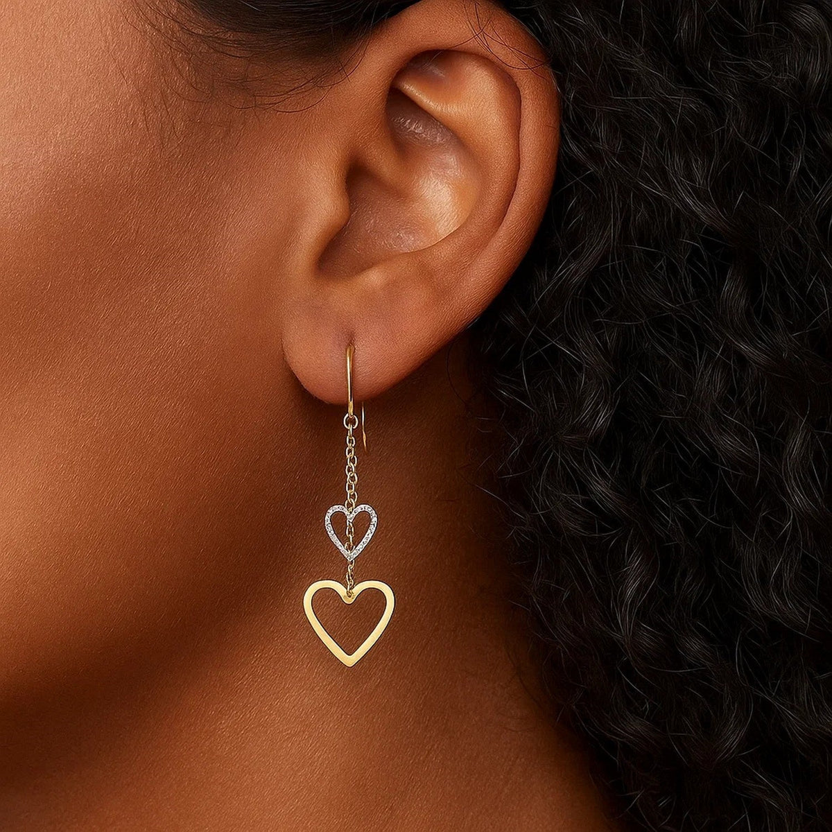 10k Two - Tone Gold Cutout Heart Chain Dangling Earrings - LinkagejewelrydesignLinkagejewelrydesign