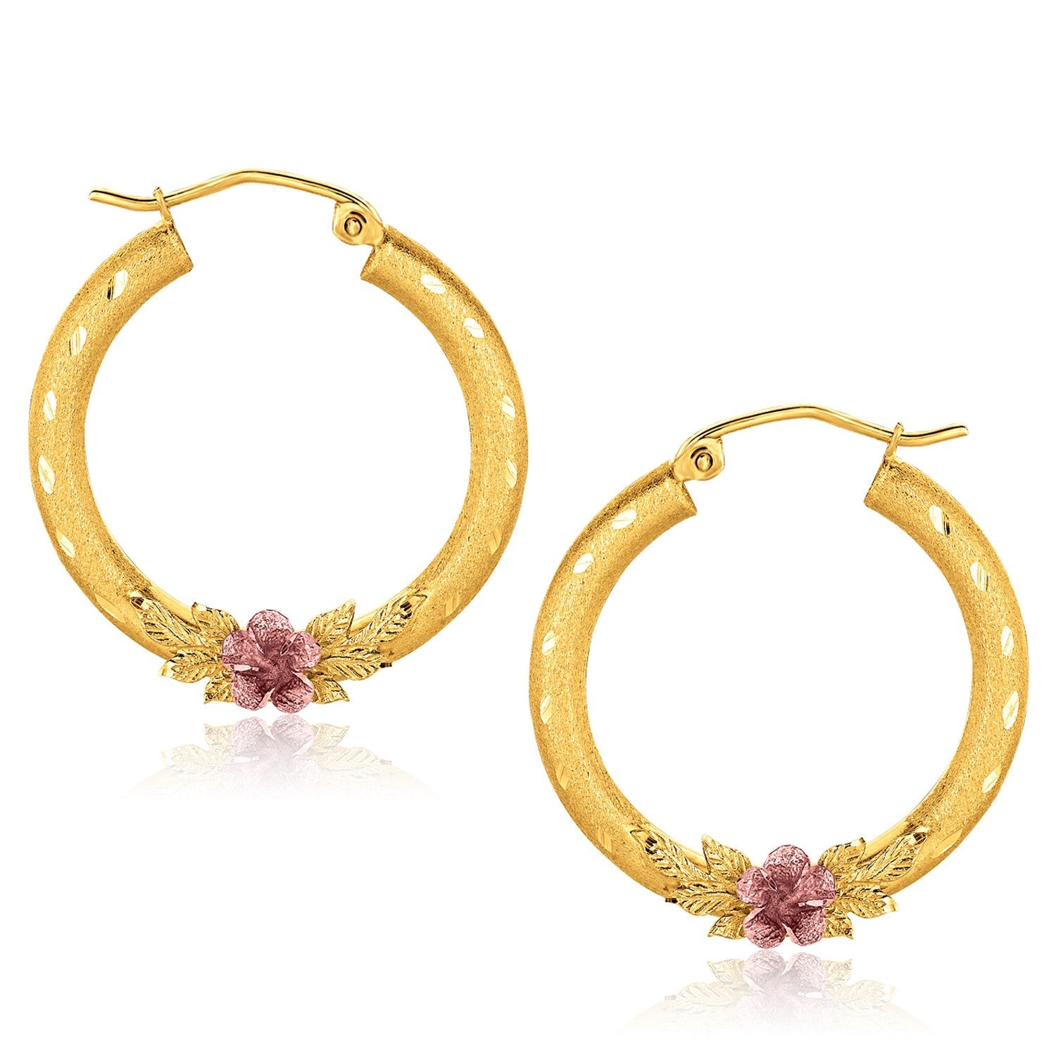 10K Two - Tone Gold Hoop Earrings with Flower Motif - LinkagejewelrydesignLinkagejewelrydesign