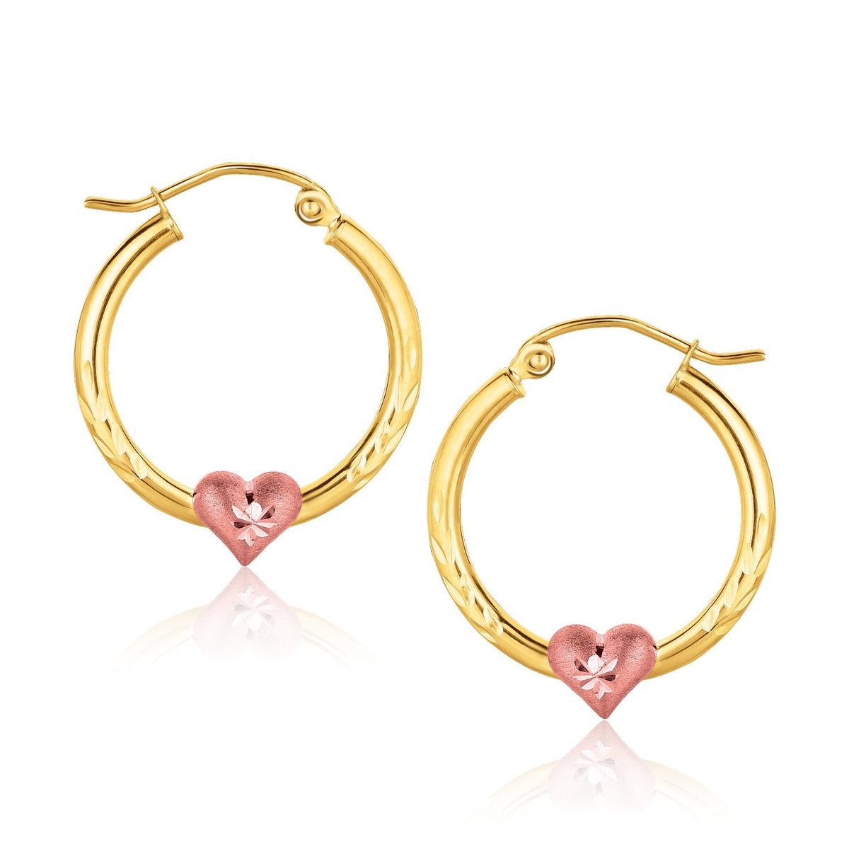 10K Two - Tone Gold Hoop Earrings with Heart Motif - LinkagejewelrydesignLinkagejewelrydesign