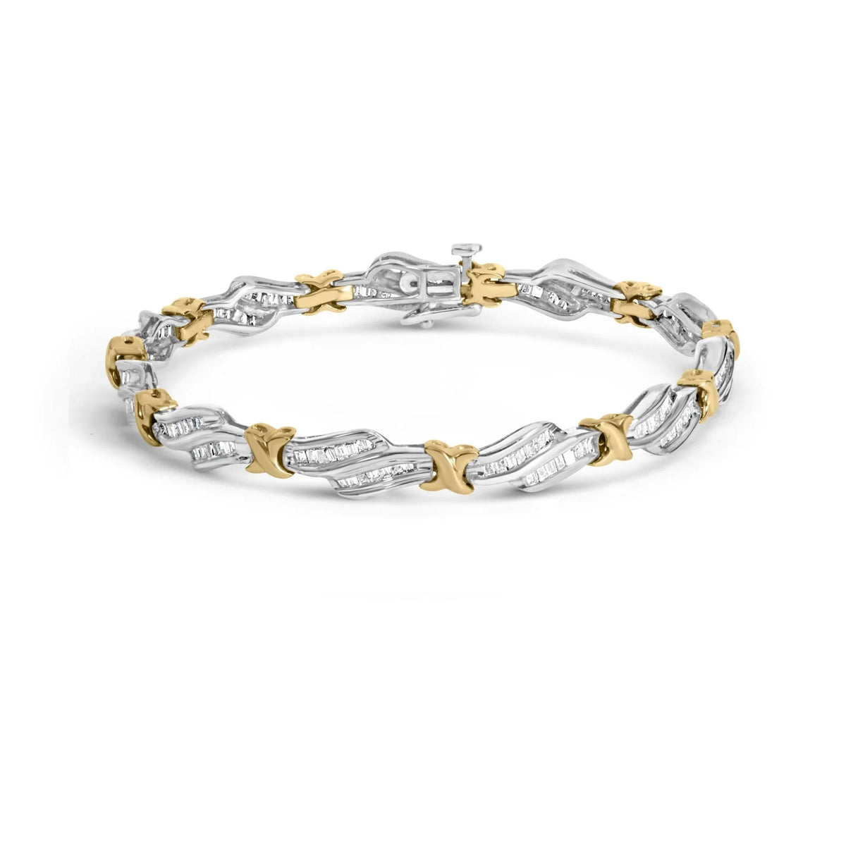 10k Two - Toned Gold 2.00 Cttw Channel Set Baguette - Diamond Weave and "X" Spiral Link Bracelet (H - I Color, I1 - I2 Clarity) - 7" - LinkagejewelrydesignLinkagejewelrydesign