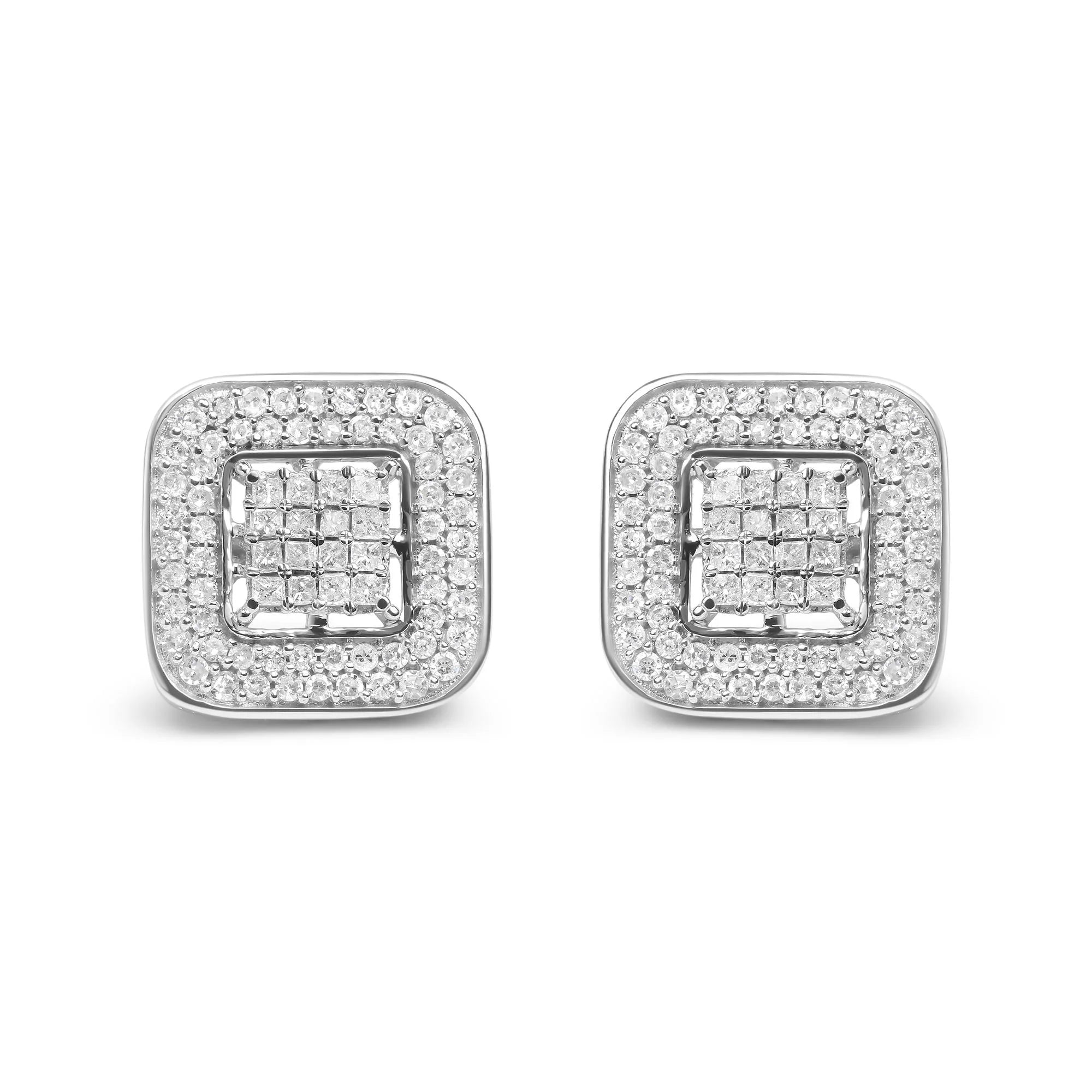 10K White Gold 1.0 Cttw Round and Princess Cut Diamond Composite Open Halo Stud Earrings (H - I Color, SI1 - SI2 Clarity) - LinkagejewelrydesignLinkagejewelrydesign
