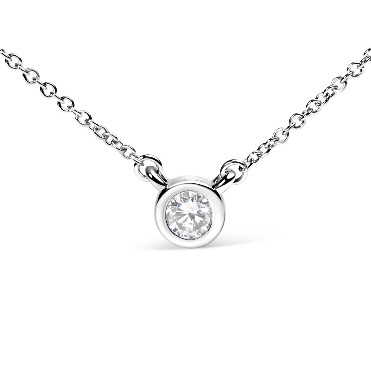 10K White Gold 1/10 Carat Round Brilliant - Cut Diamond Modern Bezel - Set Solitaire 16&quot; - 18&quot; Pendant Necklace (H - I Color, SI2 - I1 Clarity) - LinkagejewelrydesignLinkagejewelrydesign