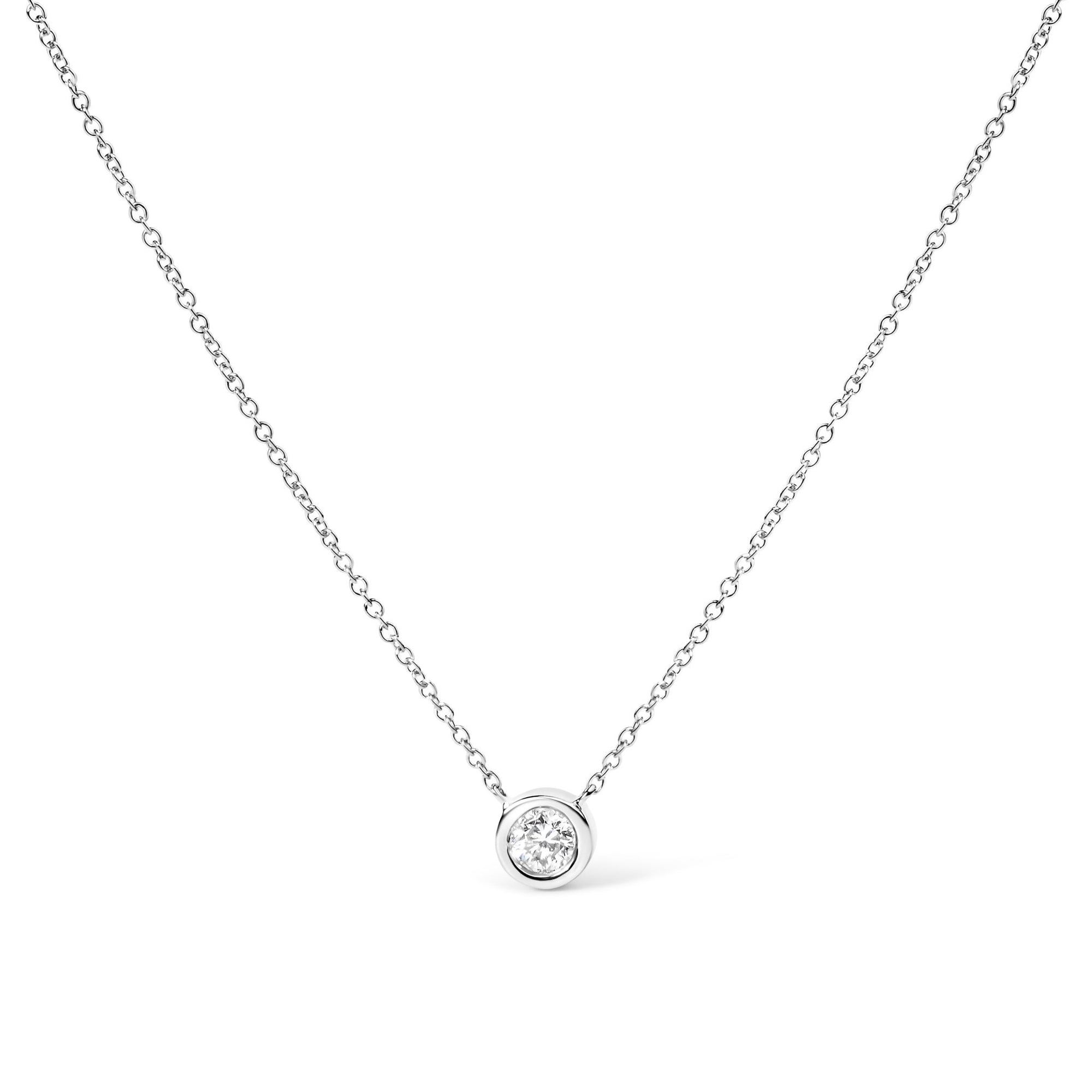 10K White Gold 1/10 Carat Round Brilliant - Cut Diamond Modern Bezel - Set Solitaire 16" - 18" Pendant Necklace (H - I Color, SI2 - I1 Clarity) - LinkagejewelrydesignLinkagejewelrydesign