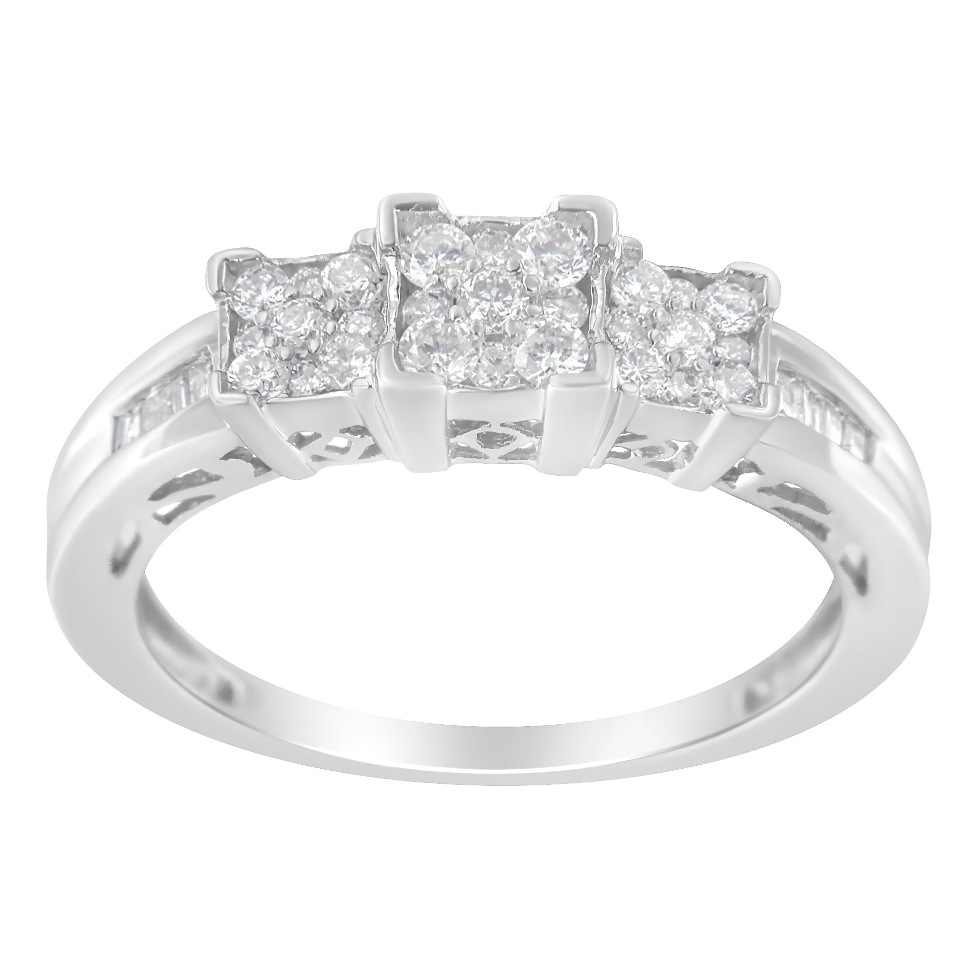 10K White Gold 1/2 Cttw Brilliant & Baguette Cut Diamond 3 Stone Design with 3 Square Clusters Engagement Ring (H - I Color, SI2 - I1 Clarity) - LinkagejewelrydesignLinkagejewelrydesign