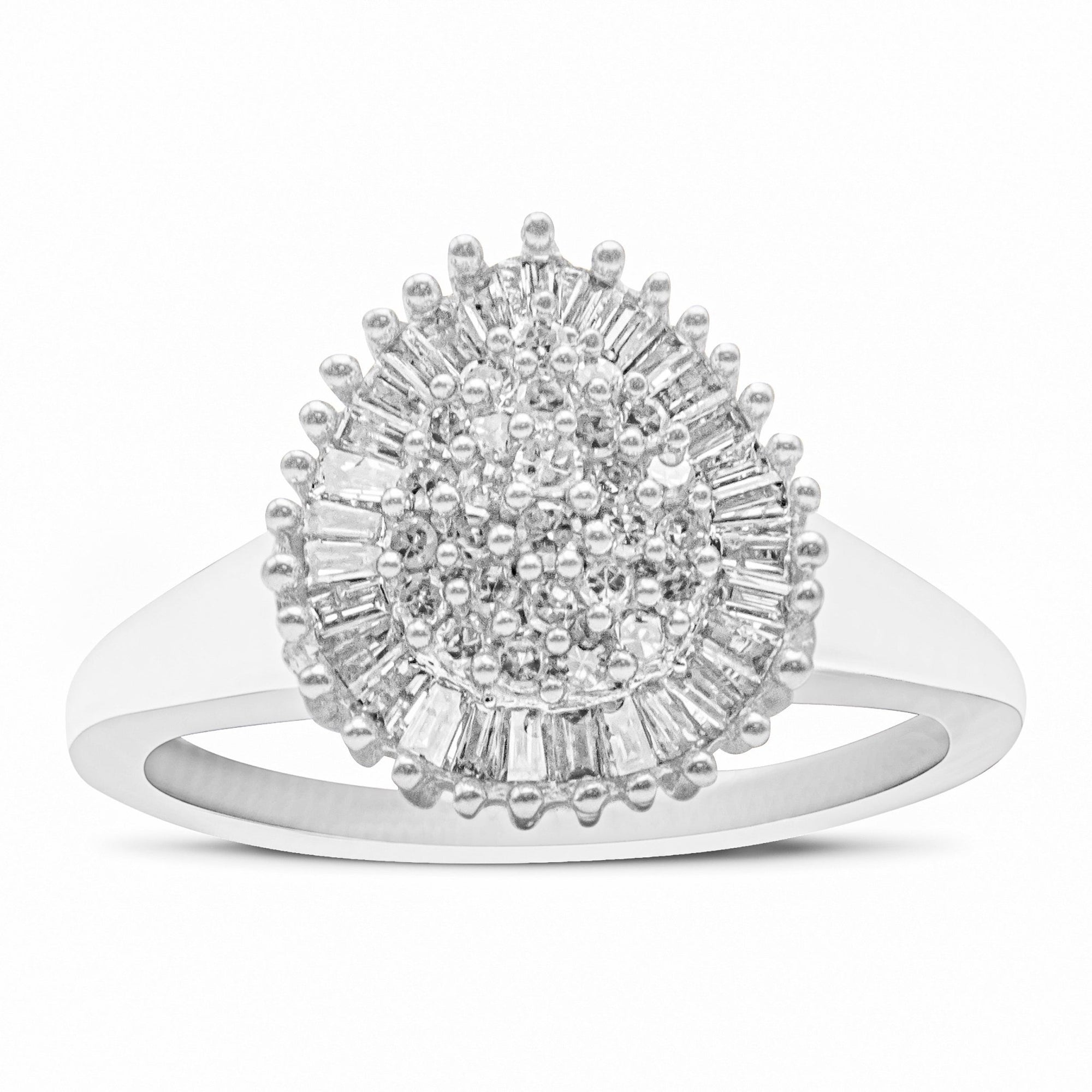 10K White Gold 1/2 Cttw Round & Baguette Cut Diamond Pear Shaped Domed Pavé Cluster with Halo Cocktail Ring (H - I Color, SI1 - SI2 Clarity) - LinkagejewelrydesignLinkagejewelrydesign