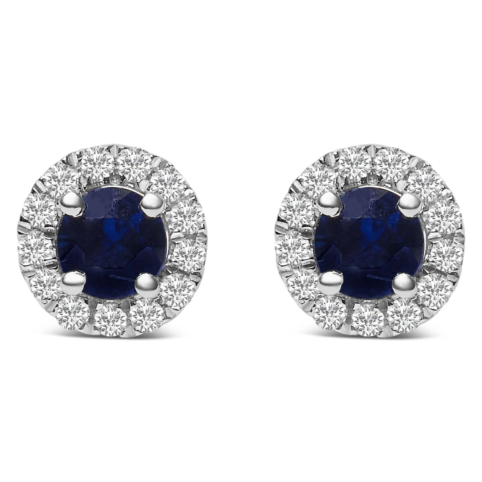 10K White Gold 3.25mm x 3.25mm Round Blue Sapphire and 1/10 Cttw Diamond Halo Stud Earrings (I - J Color, I1 - I2 Clarity) - LinkagejewelrydesignLinkagejewelrydesign