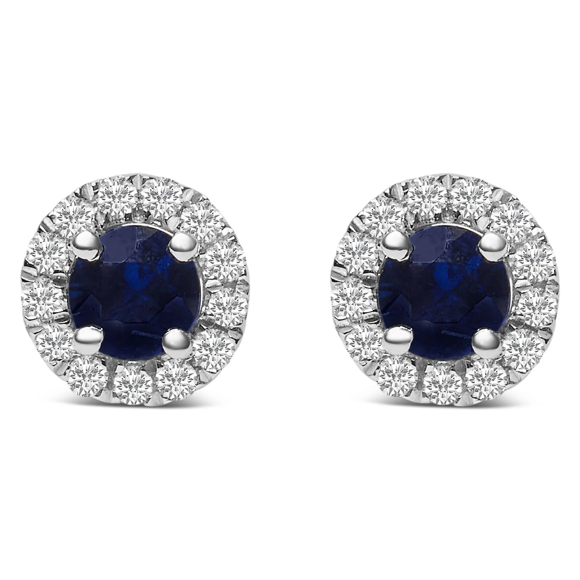 10K White Gold 3.25mm x 3.25mm Round Blue Sapphire and 1/10 Cttw Diamond Halo Stud Earrings (I - J Color, I1 - I2 Clarity) - LinkagejewelrydesignLinkagejewelrydesign