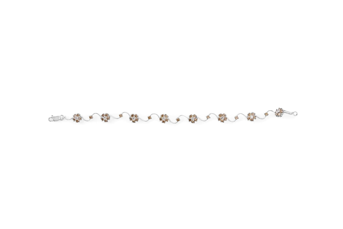 10K White Gold 4.0 Cttw Champagne and White Diamond Floral Cluster and Station Link Bracelet (H - I Color, SI2 - I1 Clarity) - 7" Inches - LinkagejewelrydesignLinkagejewelrydesign