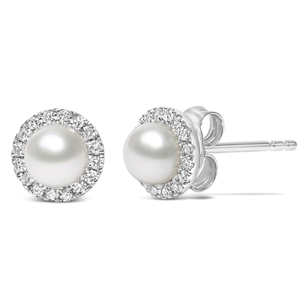 10K White Gold 4.5mm Cultured Freshwater Pearl and 1/7 Cttw Diamond Halo Stud Earring (I - J Color, I1 - I2 Clarity) - LinkagejewelrydesignLinkagejewelrydesign