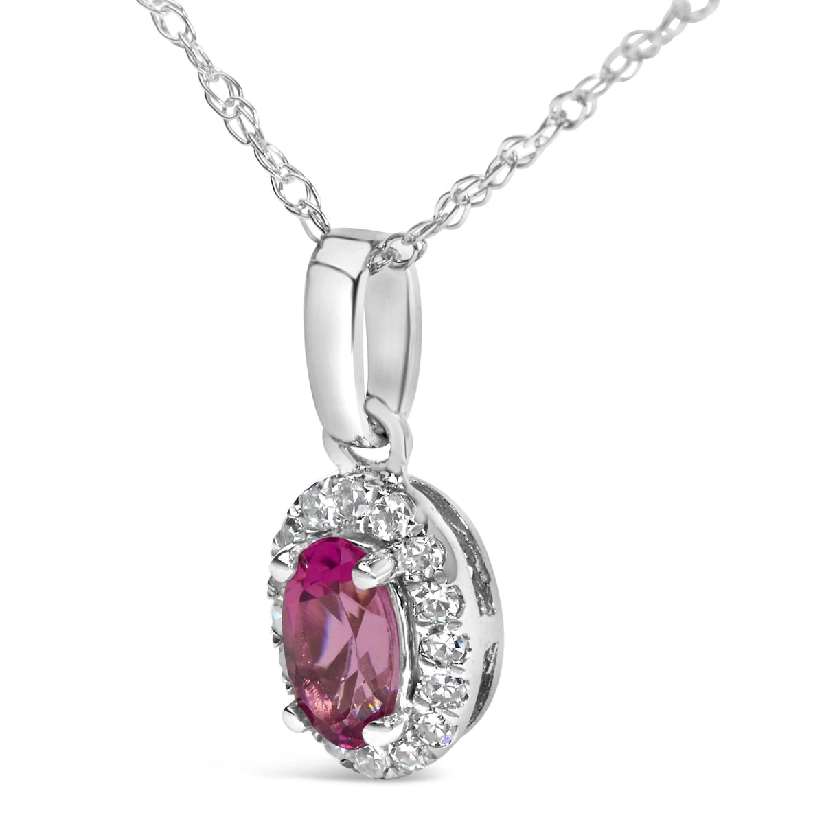 10K White Gold 5x3mm Gemstone and Diamond Accent Halo Oval Shape 18&quot; Pendant Necklace (I - J Color, I1 - I2 Clarity) - LinkagejewelrydesignLinkagejewelrydesign