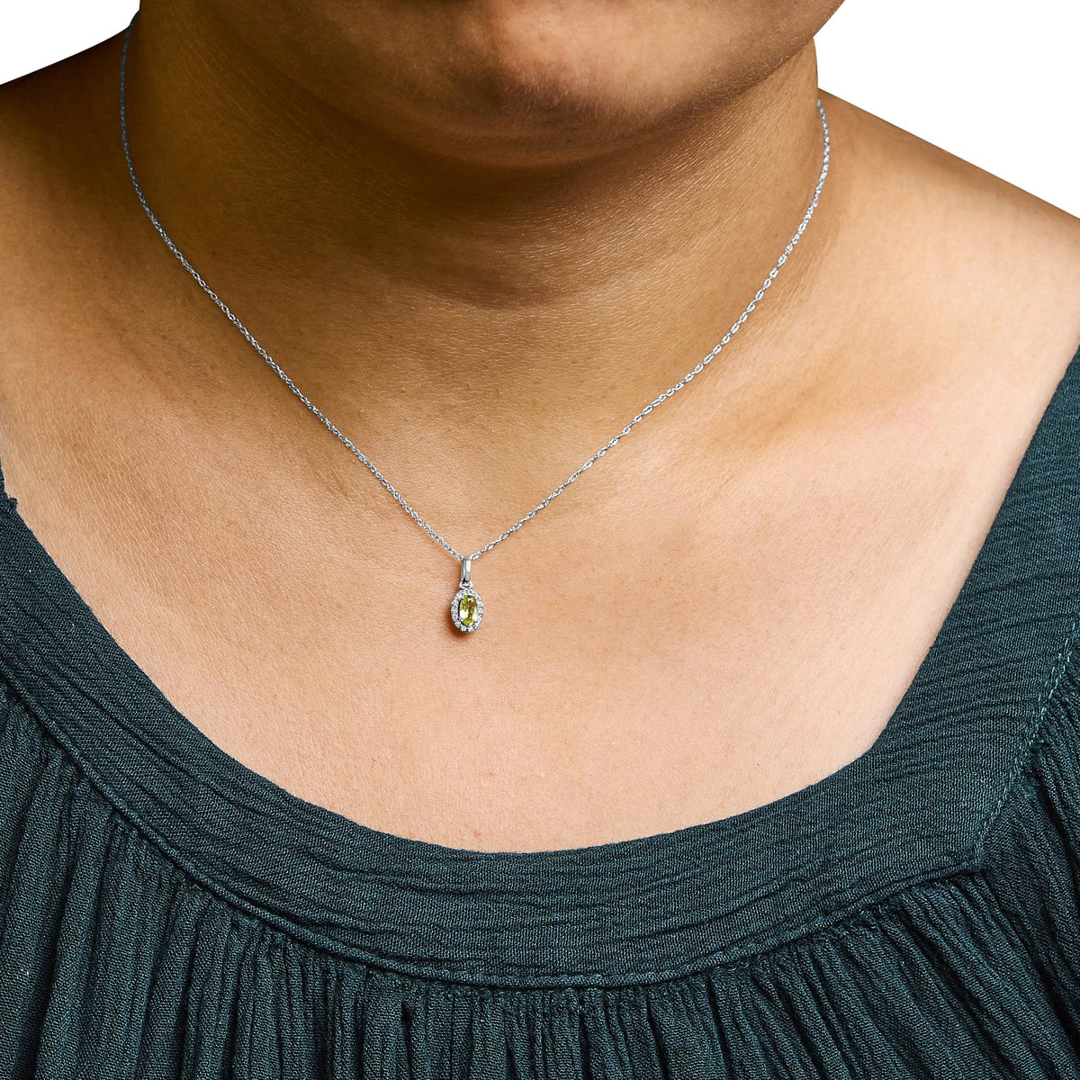 10K White Gold 5x3mm Gemstone and Diamond Accent Halo Oval Shape 18&quot; Pendant Necklace (I - J Color, I1 - I2 Clarity) - LinkagejewelrydesignLinkagejewelrydesign