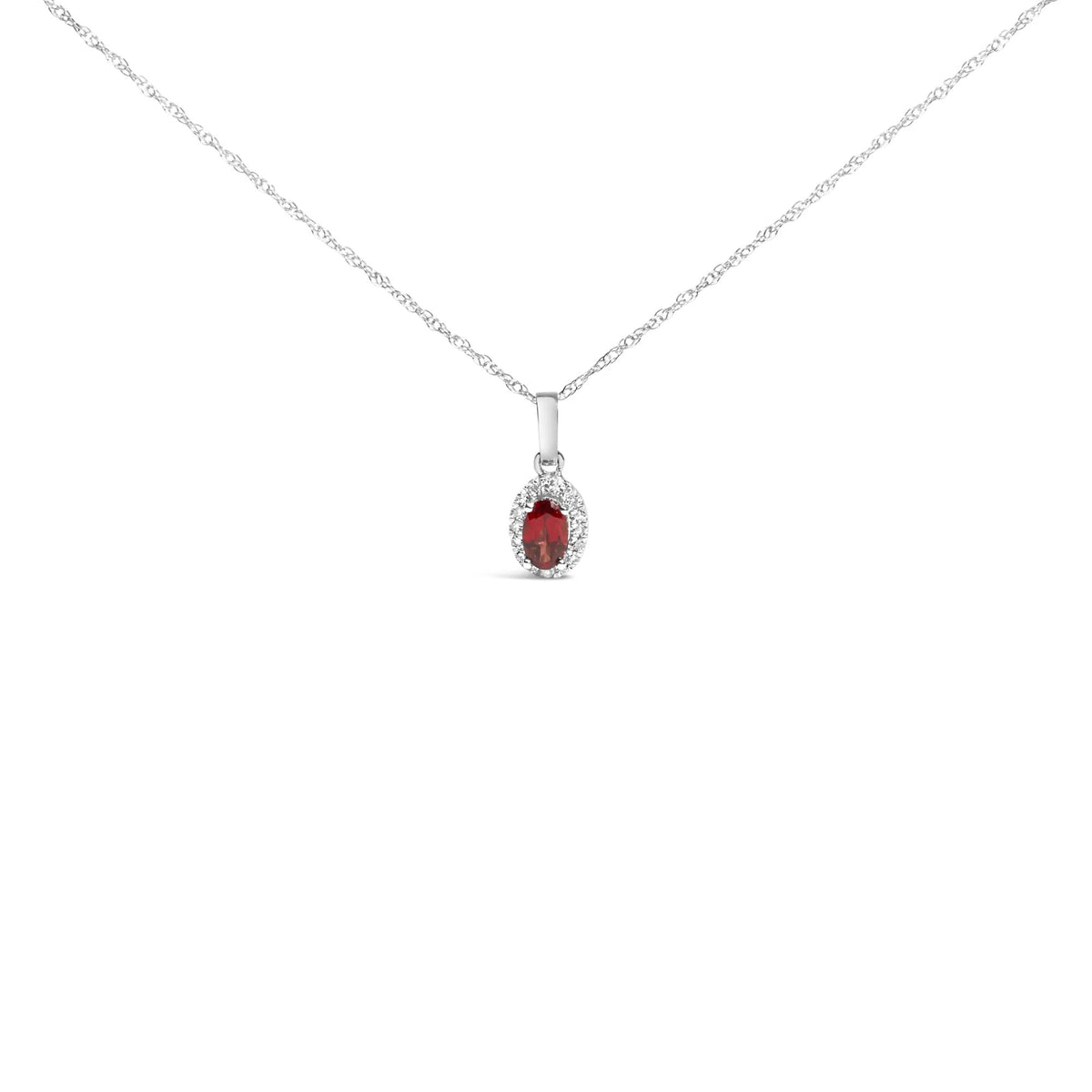 10K White Gold 5x3mm Gemstone and Diamond Accent Halo Oval Shape 18&quot; Pendant Necklace (I - J Color, I1 - I2 Clarity) - LinkagejewelrydesignLinkagejewelrydesign