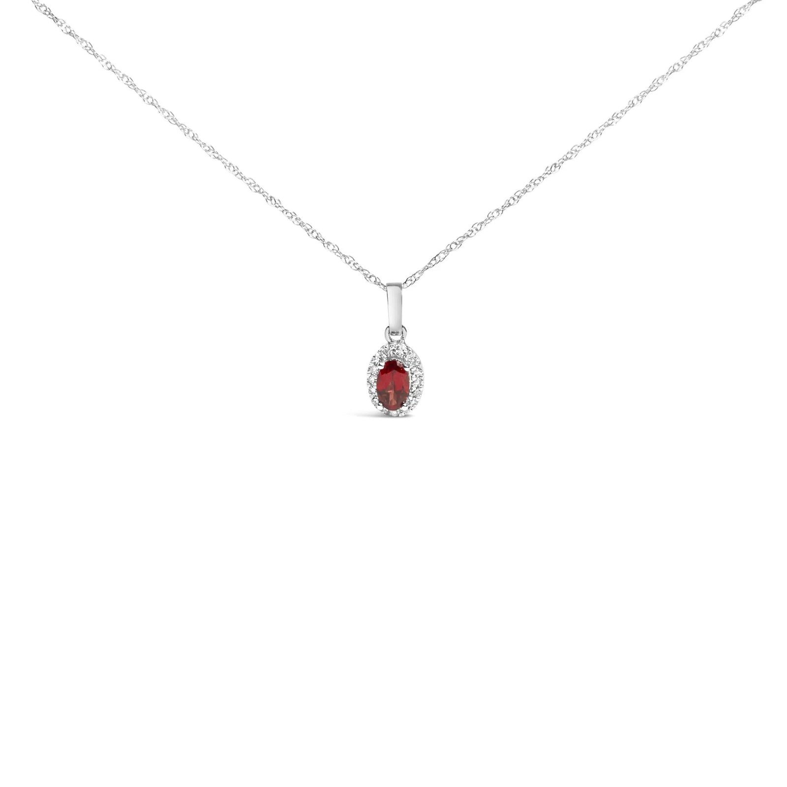 10K White Gold 5x3mm Gemstone and Diamond Accent Halo Oval Shape 18" Pendant Necklace (I - J Color, I1 - I2 Clarity) - LinkagejewelrydesignLinkagejewelrydesign
