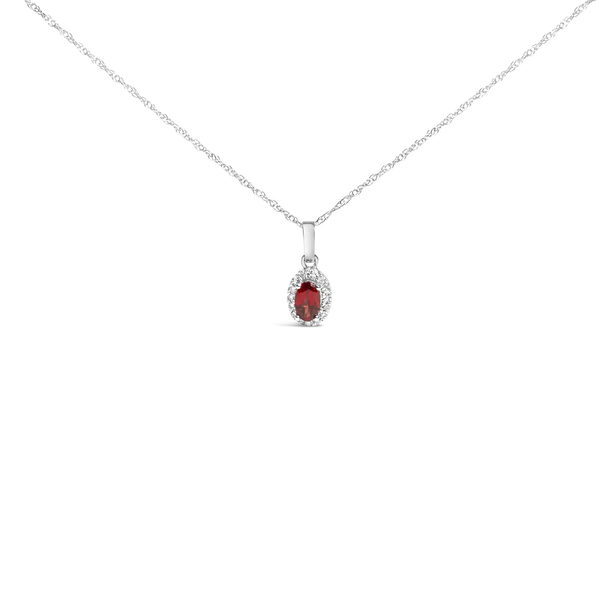 10K White Gold 5x3mm Gemstone and Diamond Accent Halo Oval Shape 18" Pendant Necklace (I - J Color, I1 - I2 Clarity) - LinkagejewelrydesignLinkagejewelrydesign
