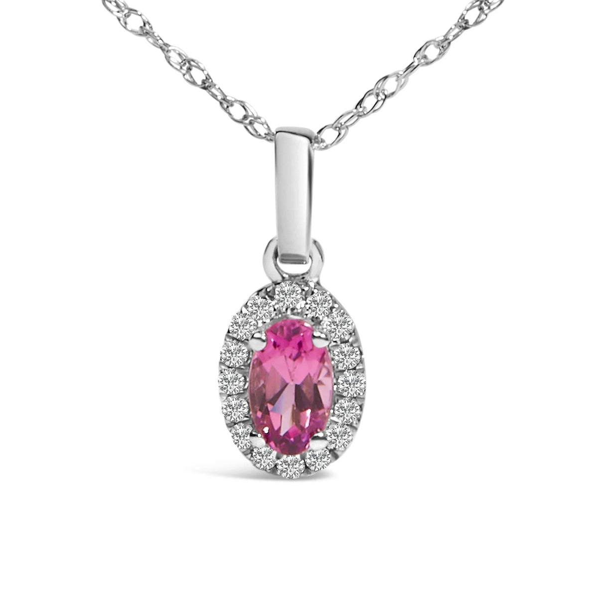 10K White Gold 5x3mm Gemstone and Diamond Accent Halo Oval Shape 18&quot; Pendant Necklace (I - J Color, I1 - I2 Clarity) - LinkagejewelrydesignLinkagejewelrydesign