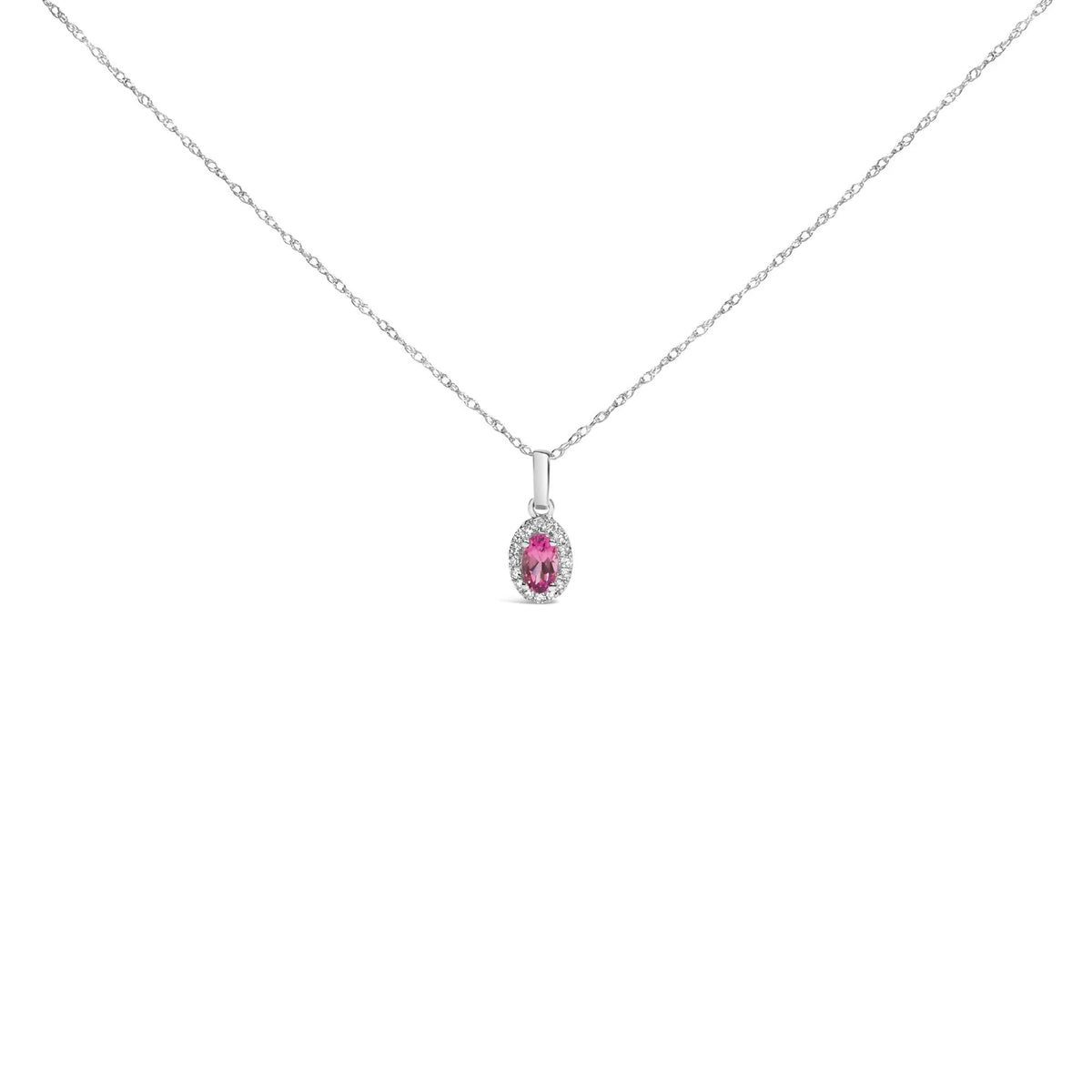 10K White Gold 5x3mm Gemstone and Diamond Accent Halo Oval Shape 18&quot; Pendant Necklace (I - J Color, I1 - I2 Clarity) - LinkagejewelrydesignLinkagejewelrydesign