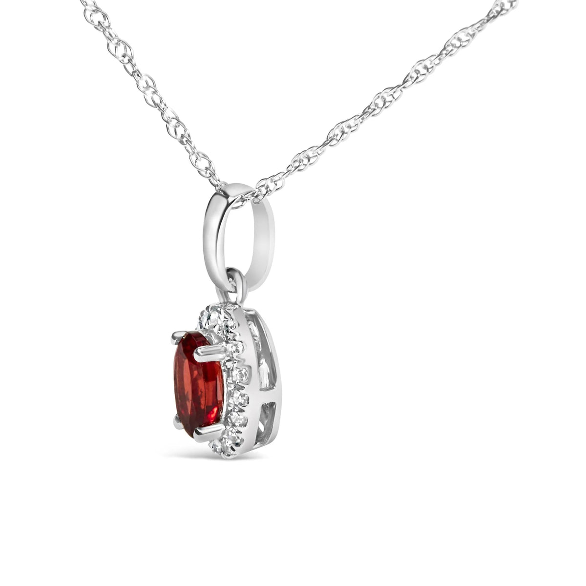 10K White Gold 5x3mm Gemstone and Diamond Accent Halo Oval Shape 18&quot; Pendant Necklace (I - J Color, I1 - I2 Clarity) - LinkagejewelrydesignLinkagejewelrydesign