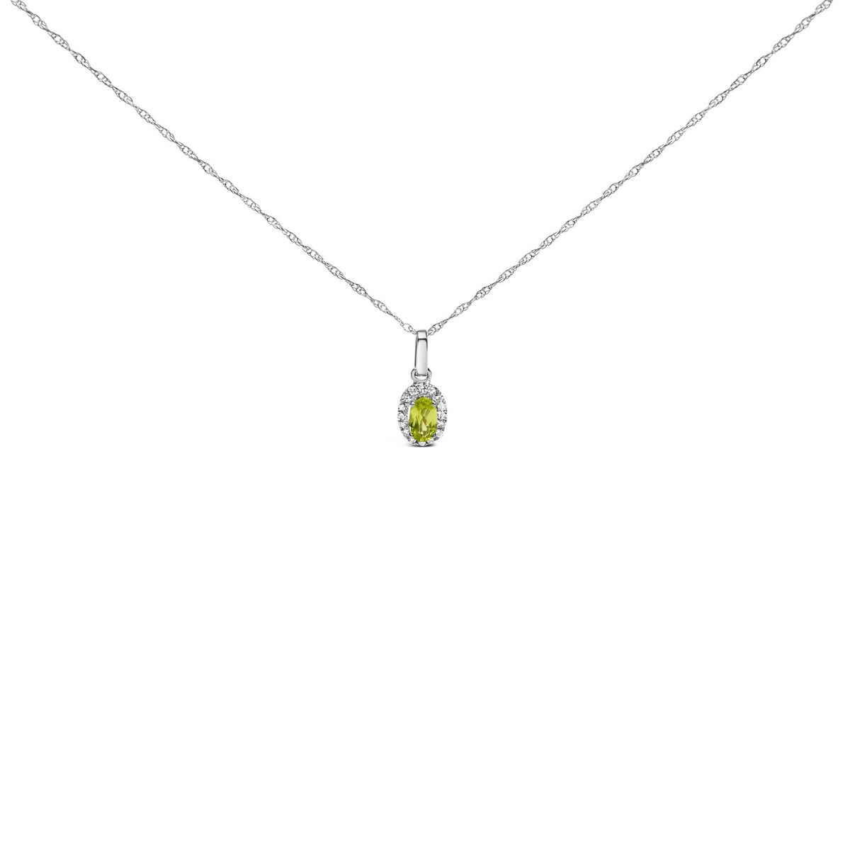10K White Gold 5x3mm Gemstone and Diamond Accent Halo Oval Shape 18&quot; Pendant Necklace (I - J Color, I1 - I2 Clarity) - LinkagejewelrydesignLinkagejewelrydesign