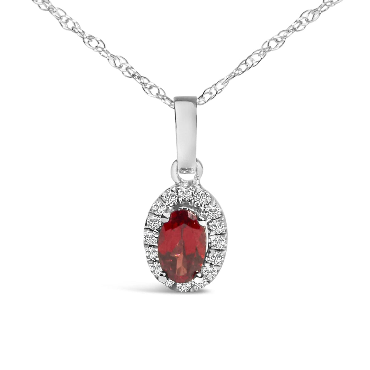 10K White Gold 5x3mm Gemstone and Diamond Accent Halo Oval Shape 18&quot; Pendant Necklace (I - J Color, I1 - I2 Clarity) - LinkagejewelrydesignLinkagejewelrydesign