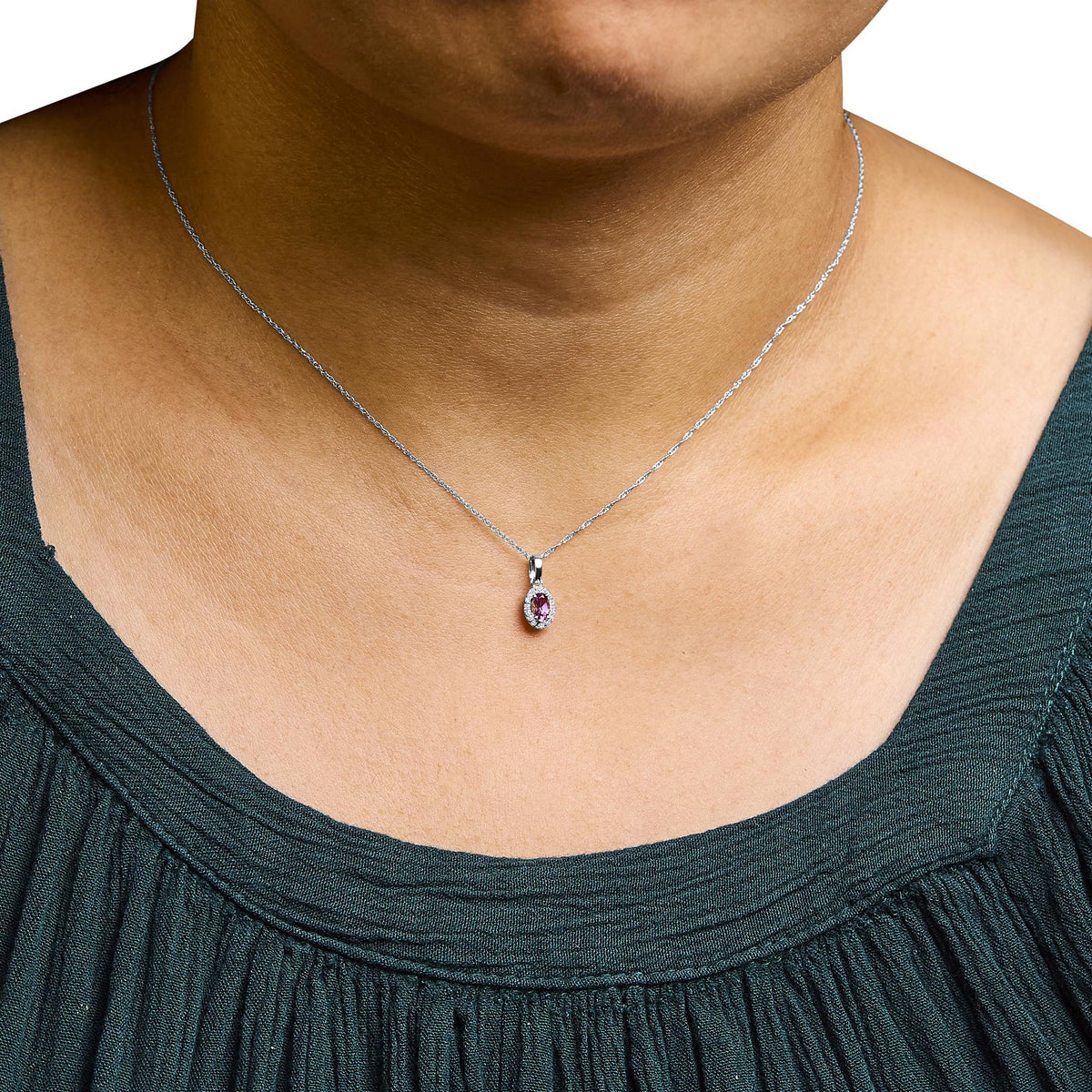 10K White Gold 5x3mm Gemstone and Diamond Accent Halo Oval Shape 18&quot; Pendant Necklace (I - J Color, I1 - I2 Clarity) - LinkagejewelrydesignLinkagejewelrydesign