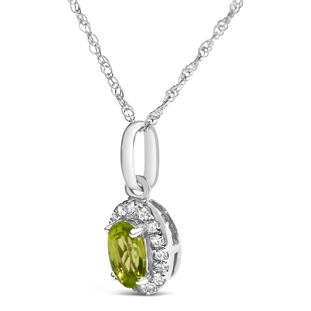 10K White Gold 5x3mm Gemstone and Diamond Accent Halo Oval Shape 18&quot; Pendant Necklace (I - J Color, I1 - I2 Clarity) - LinkagejewelrydesignLinkagejewelrydesign