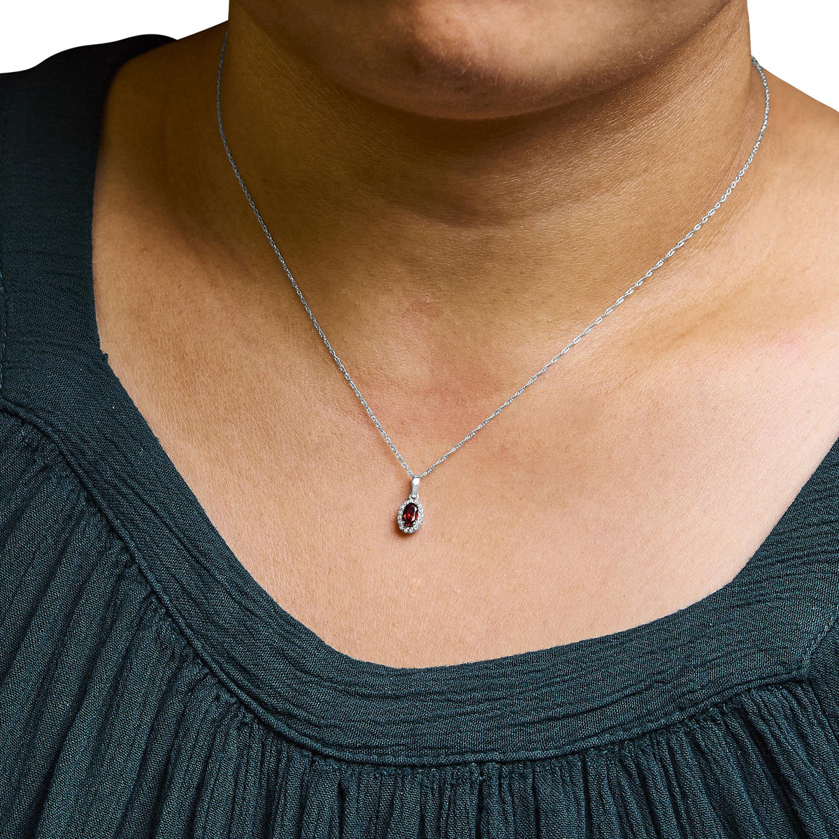 10K White Gold 5x3mm Gemstone and Diamond Accent Halo Oval Shape 18&quot; Pendant Necklace (I - J Color, I1 - I2 Clarity) - LinkagejewelrydesignLinkagejewelrydesign