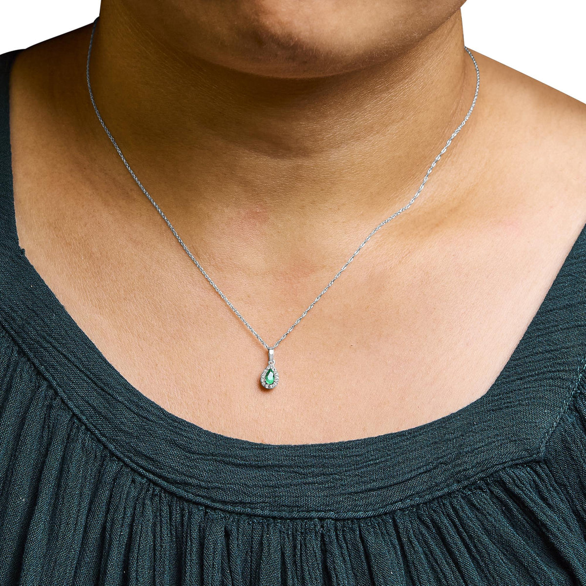 10K White Gold 5x3mm Gemstone and Diamond Accent Halo Pear Shape 18&quot; Pendant Necklace (I - J Color, I1 - I2 Clarity) - LinkagejewelrydesignLinkagejewelrydesign