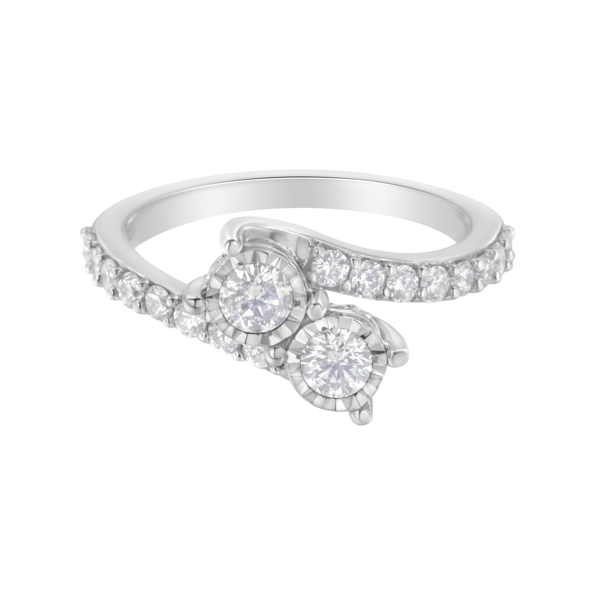 10K White Gold Two - Stone Miracle - Set Diamond Bypass Ring (1 Cttw, H - I Color, I1 - I2 Clarity) - LinkagejewelrydesignLinkagejewelrydesign