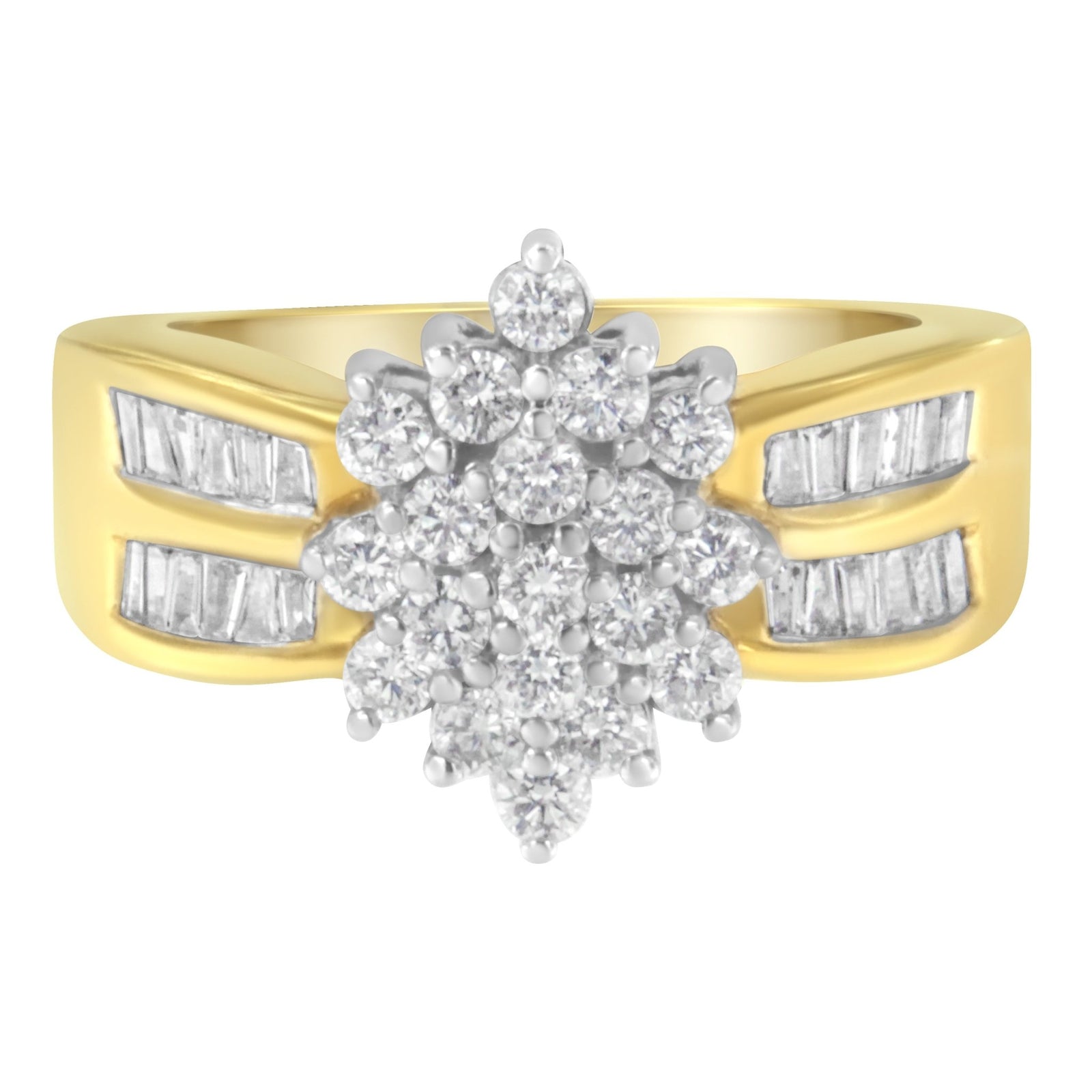 10K Yellow Gold 1.0 Cttw Round & Baguette Cut Diamond Floral Cluster Double - Channel Flared Band Statement Ring (H - I Color, SI2 - I1 Clarity) - LinkagejewelrydesignLinkagejewelrydesign