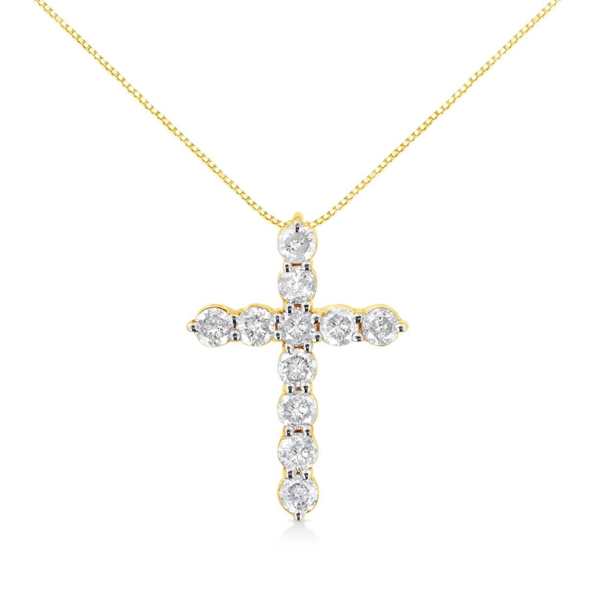 10K Yellow Gold 1.0 Cttw Round Brilliant Cut Diamond Cross Pendant Necklace with Box Chain (J - K Color, I1 - I2 Clarity) - 18" - LinkagejewelrydesignLinkagejewelrydesign