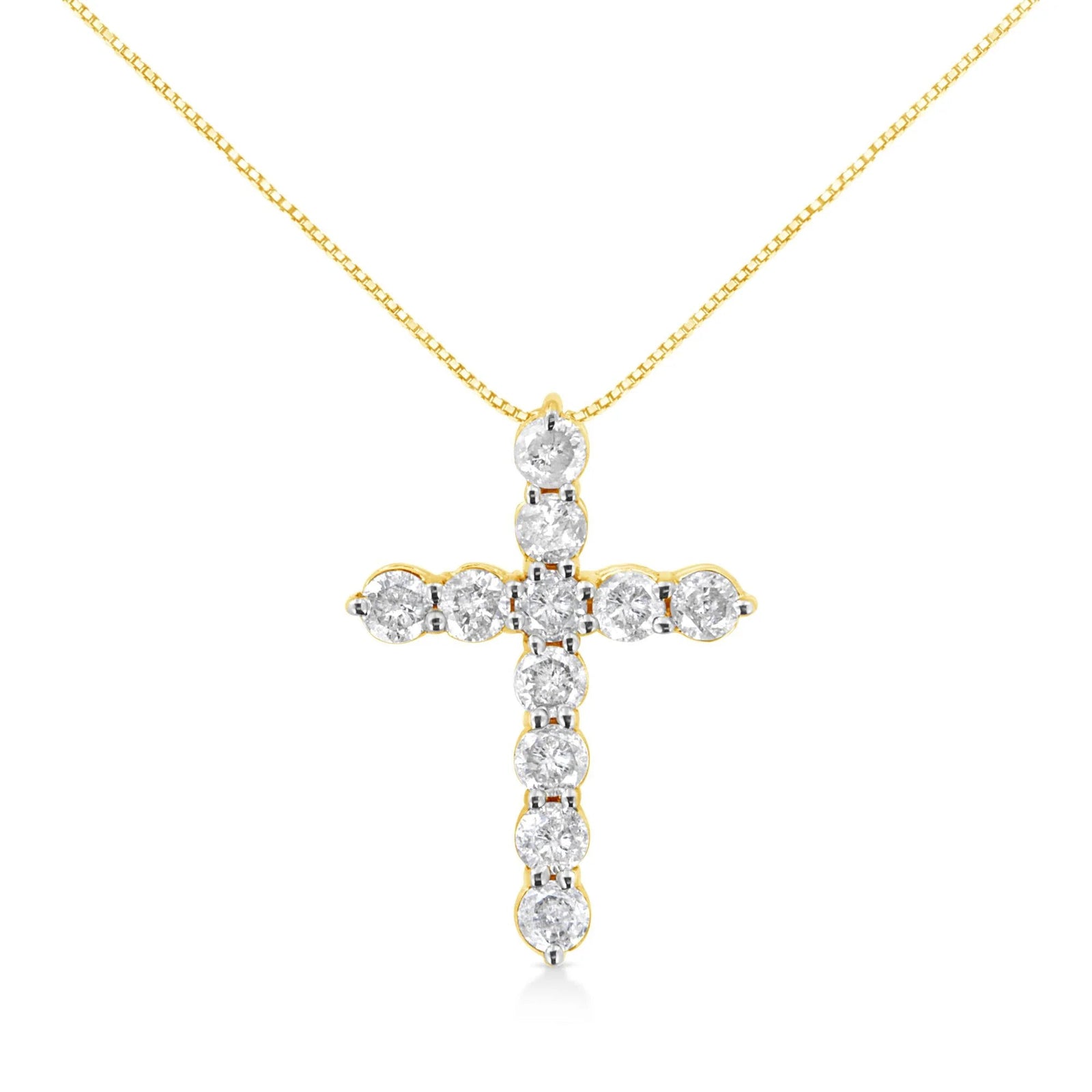 10K Yellow Gold 1.0 Cttw Round Brilliant Cut Diamond Cross Pendant Necklace with Box Chain (J - K Color, I1 - I2 Clarity) - 18" - LinkagejewelrydesignLinkagejewelrydesign
