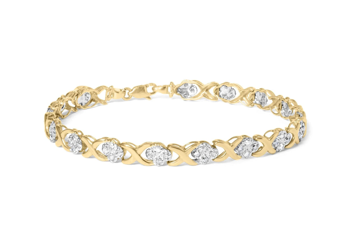 10K Yellow Gold 1.00 Cttw Diamond Cluster X Link Tennis Link 7.50" Bracelet (I - J Color, I2 - I3 Clarity) - LinkagejewelrydesignLinkagejewelrydesign