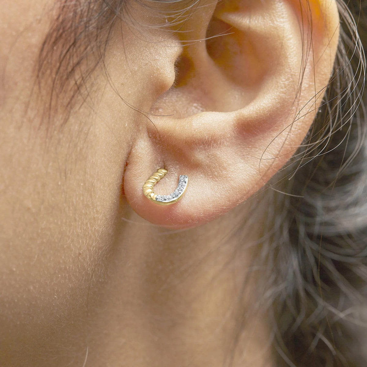 10K Yellow Gold 1/10 Cttw Braided Horseshoe Stud Earrings (H - I Color, SI1 - SI2 Clarity) - LinkagejewelrydesignLinkagejewelrydesign