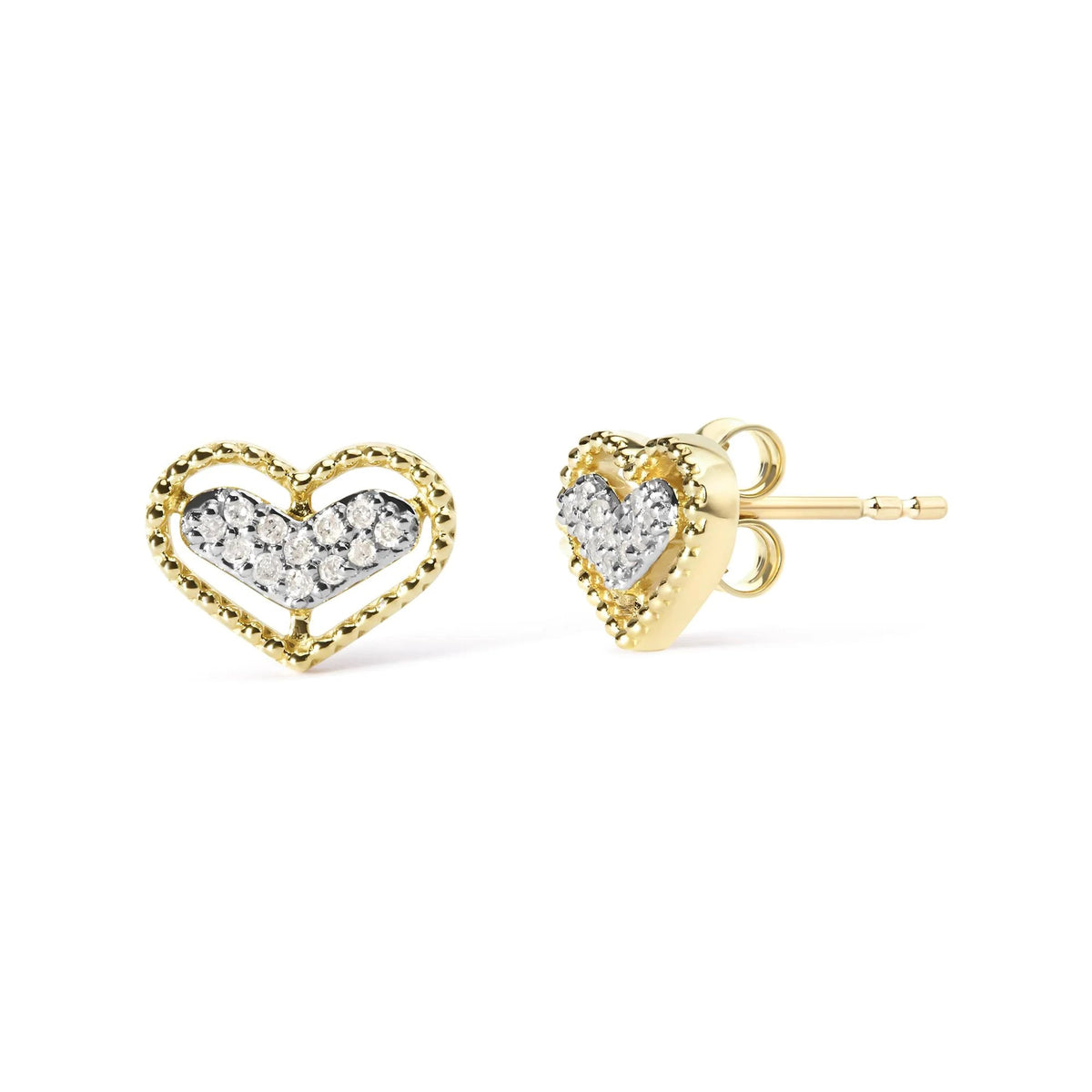 10K Yellow Gold 1/10 Cttw Diamond Heart and Beaded Halo Stud Earrings (I - J Color, I1 - I2 Clarity) - LinkagejewelrydesignLinkagejewelrydesign