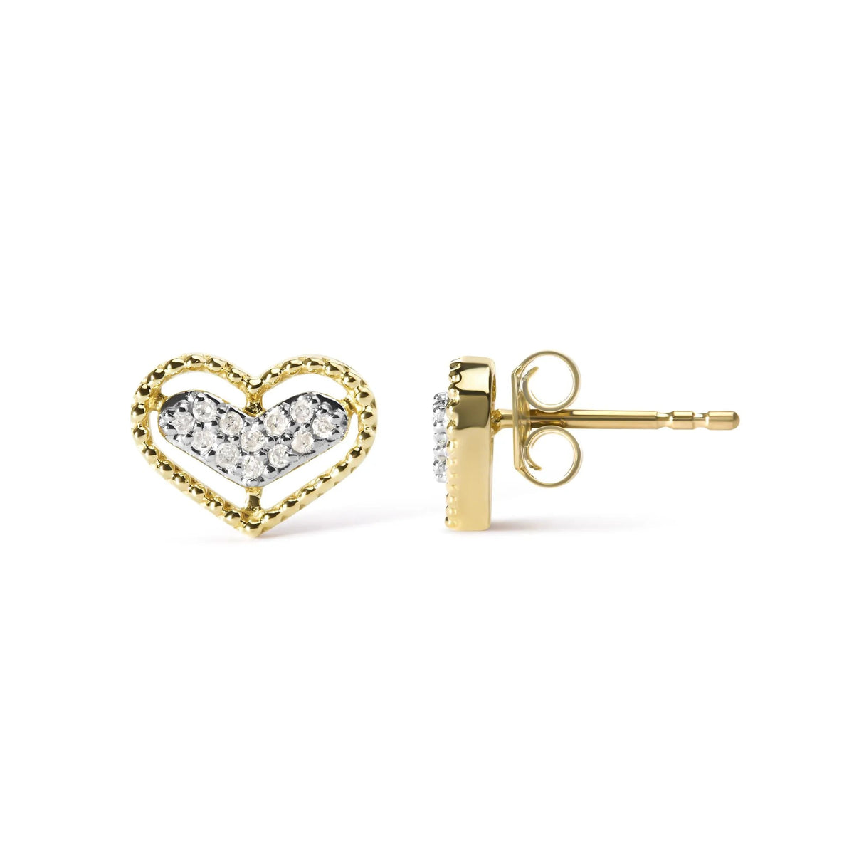 10K Yellow Gold 1/10 Cttw Diamond Heart and Beaded Halo Stud Earrings (I - J Color, I1 - I2 Clarity) - LinkagejewelrydesignLinkagejewelrydesign