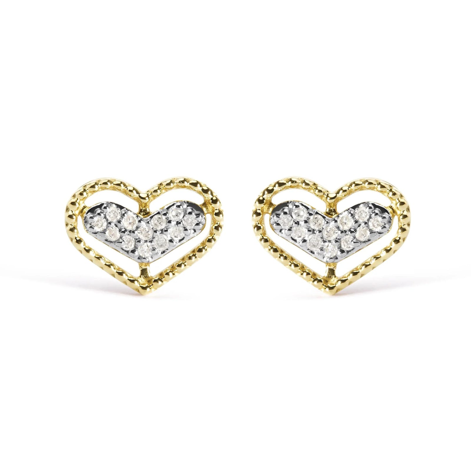10K Yellow Gold 1/10 Cttw Diamond Heart and Beaded Halo Stud Earrings (I - J Color, I1 - I2 Clarity) - LinkagejewelrydesignLinkagejewelrydesign