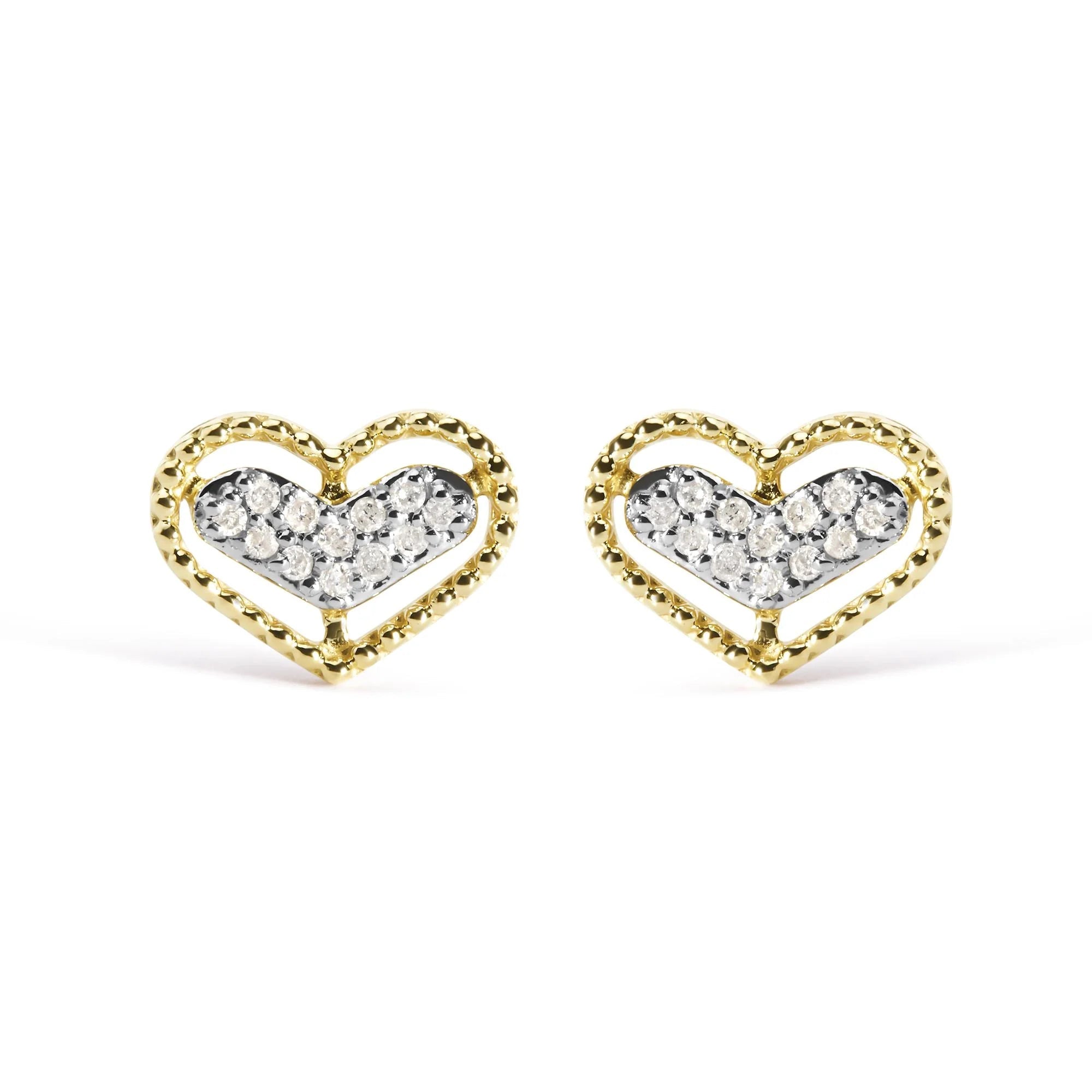 10K Yellow Gold 1/10 Cttw Diamond Heart and Beaded Halo Stud Earrings (I - J Color, I1 - I2 Clarity) - LinkagejewelrydesignLinkagejewelrydesign