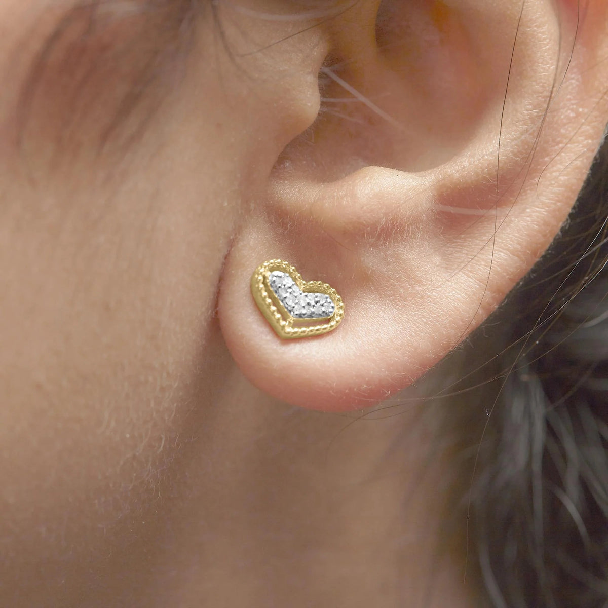 10K Yellow Gold 1/10 Cttw Diamond Heart and Beaded Halo Stud Earrings (I - J Color, I1 - I2 Clarity) - LinkagejewelrydesignLinkagejewelrydesign