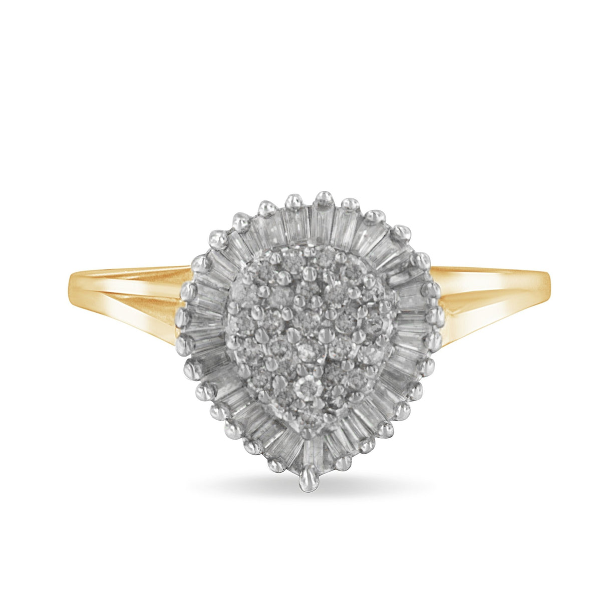 10K Yellow Gold 1/2 Cttw Round & Baguette Cut Diamond Pear Shaped Domed Pavé Cluster with Halo Cocktail Ring (J - K Color, I1 - I2 Clarity) - LinkagejewelrydesignLinkagejewelrydesign