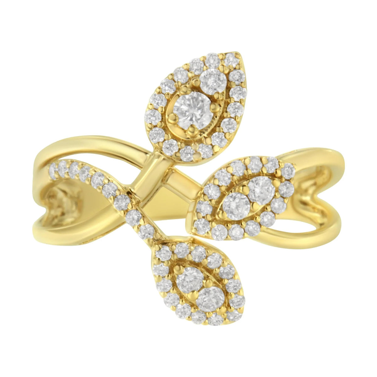 10K Yellow Gold 1/2 Cttw Round - Cut Diamond Layered Crossover Triple Leaf Bypass Ring (I - J Color, I1 - I2 Clarity) - LinkagejewelrydesignLinkagejewelrydesign