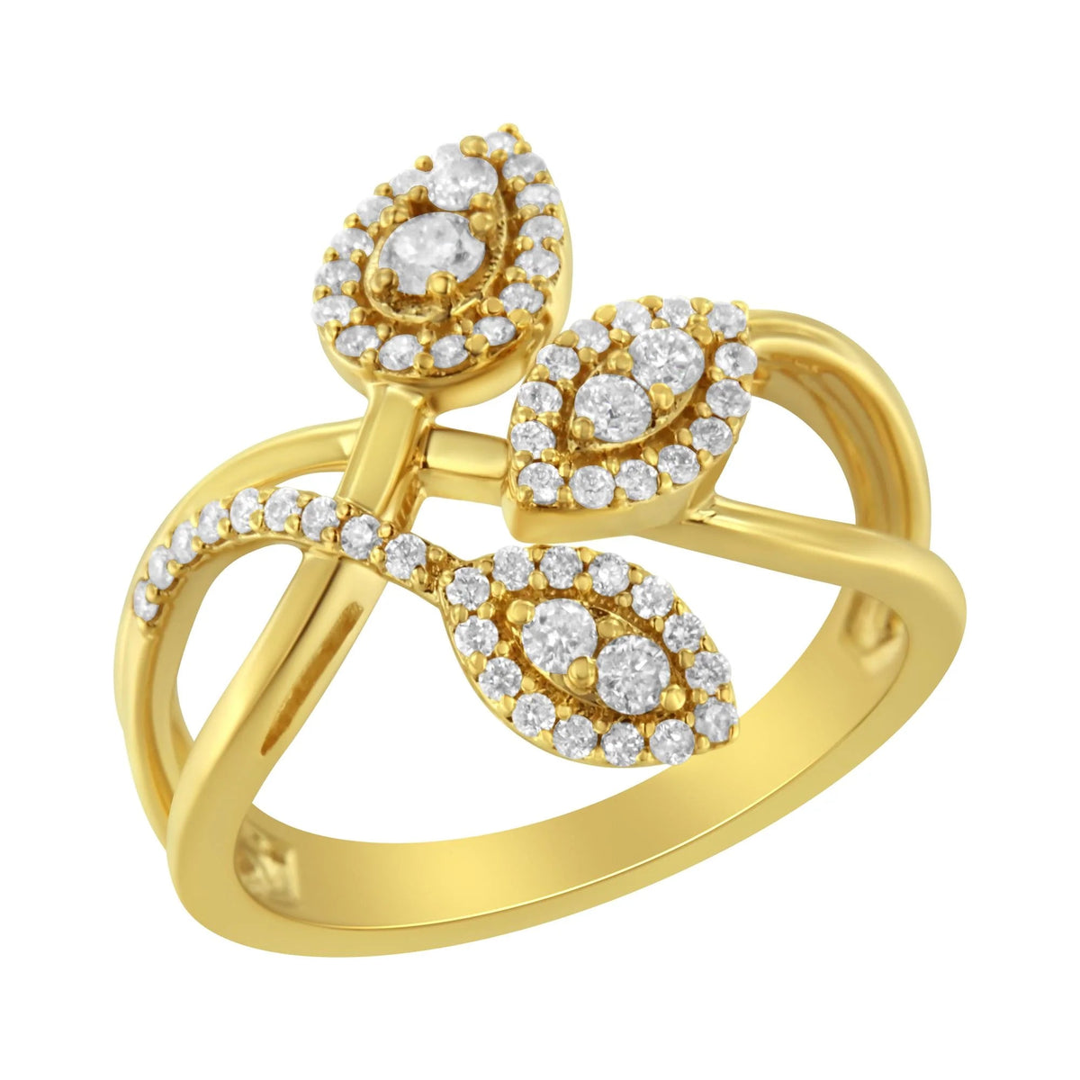 10K Yellow Gold 1/2 Cttw Round - Cut Diamond Layered Crossover Triple Leaf Bypass Ring (I - J Color, I1 - I2 Clarity) - LinkagejewelrydesignLinkagejewelrydesign