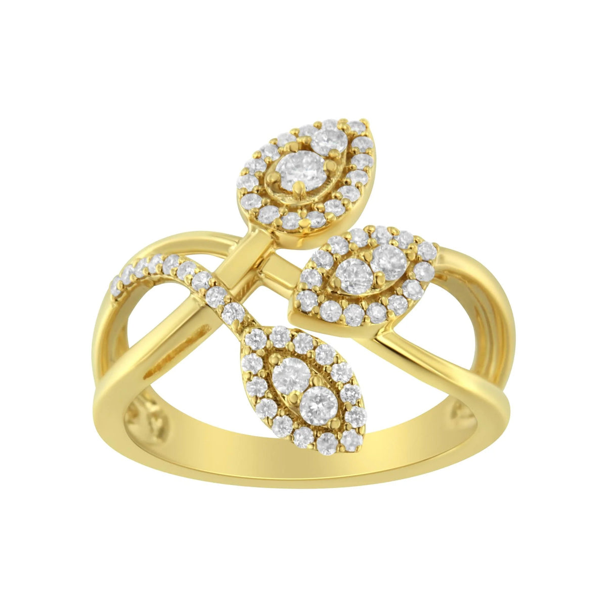10K Yellow Gold 1/2 Cttw Round - Cut Diamond Layered Crossover Triple Leaf Bypass Ring (I - J Color, I1 - I2 Clarity) - LinkagejewelrydesignLinkagejewelrydesign