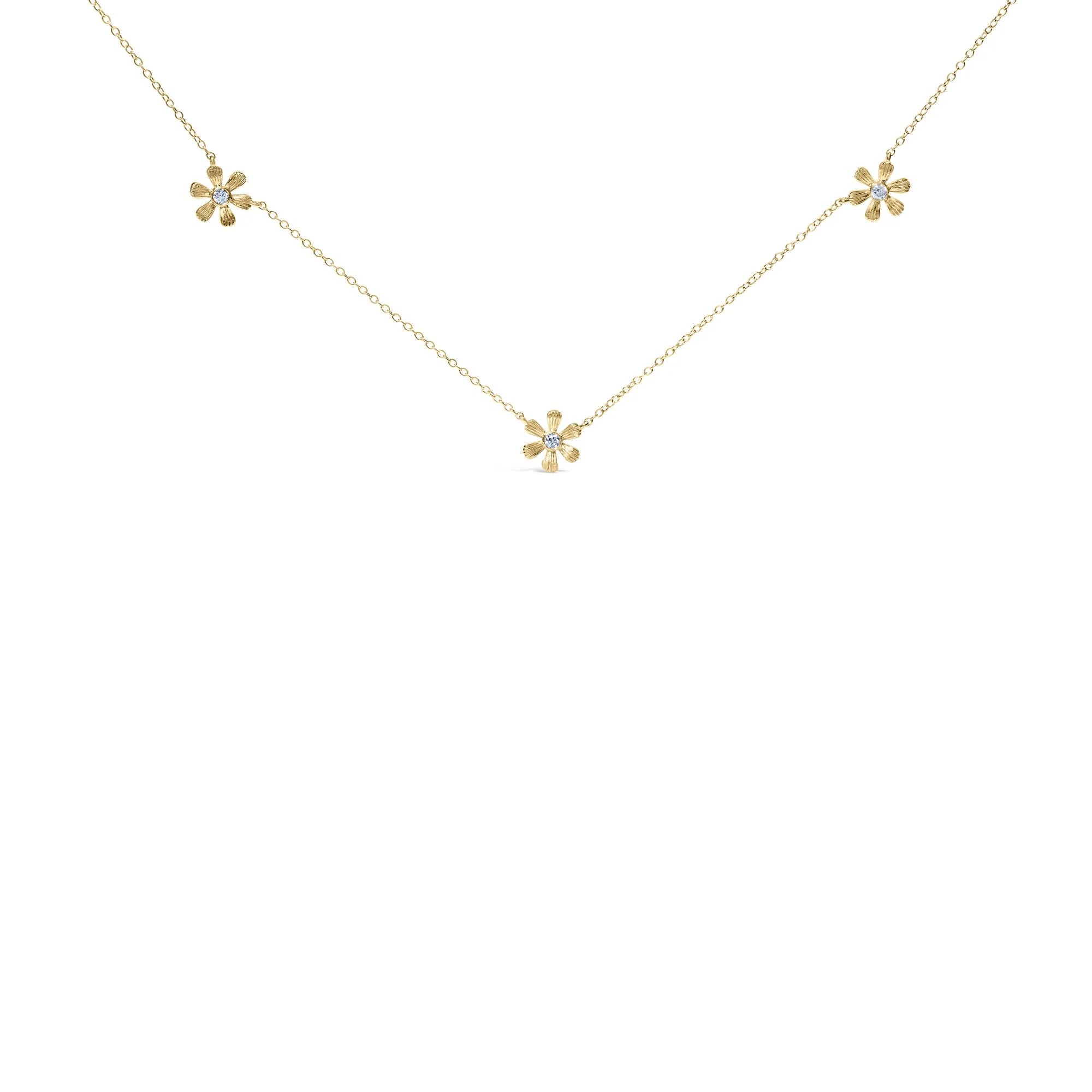 10K Yellow Gold 1/8 Cttw Diamond Floral Station Chain Necklace (I - J Color, I1 - I2 Clarity) - LinkagejewelrydesignLinkagejewelrydesign