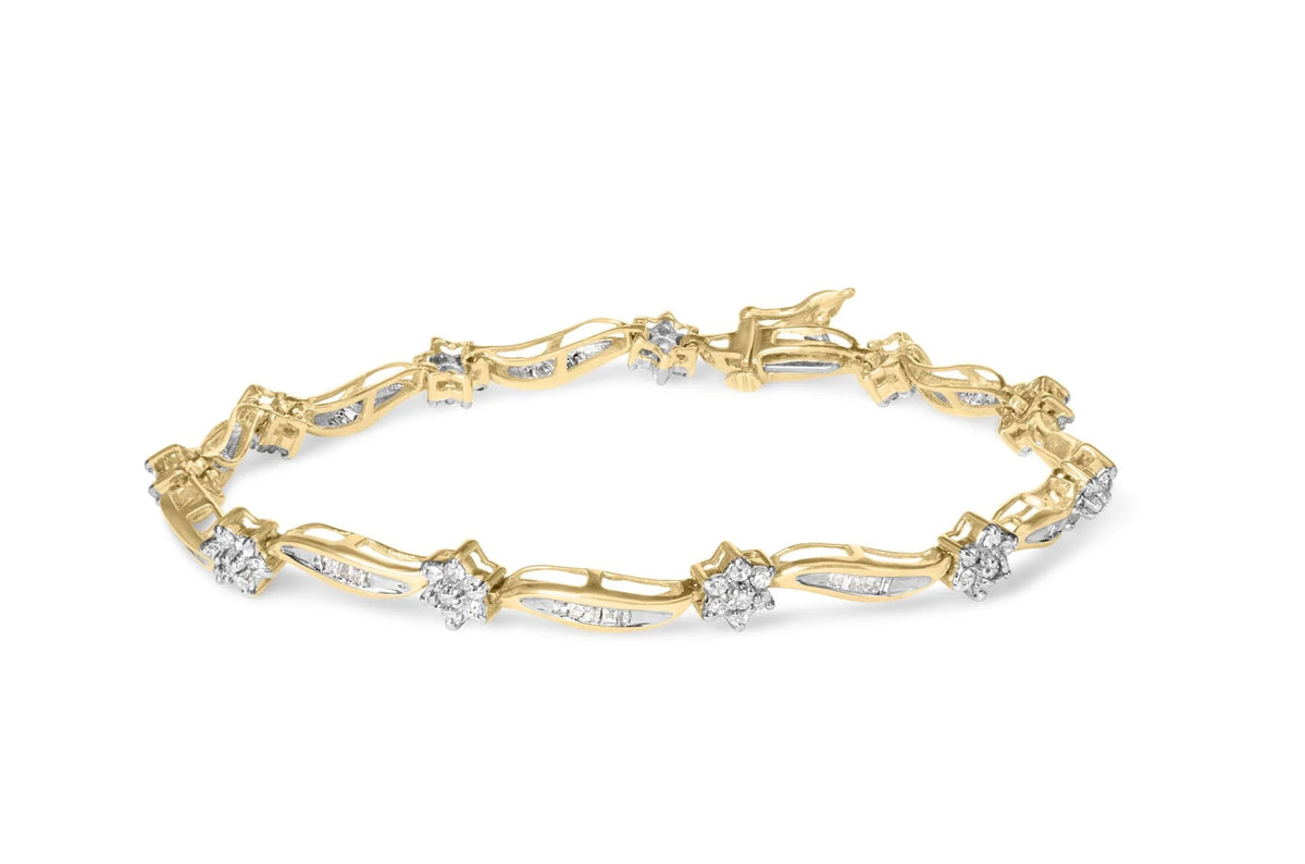 10K Yellow Gold 2.00 Cttw Round - Cut and Baguette - Cut Floral Design Swirl Link 7.5" Bracelet (H - I Color, I2 - I3 Clarity) - LinkagejewelrydesignLinkagejewelrydesign